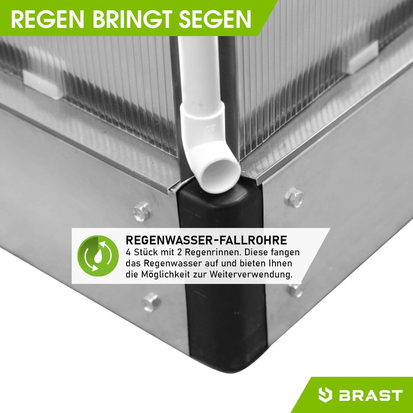 Aluminium Gewächshaus mit Fundament, regenwassersammelndes Fallrohr, windsicheres begehbares Gewächshaus für Garten.