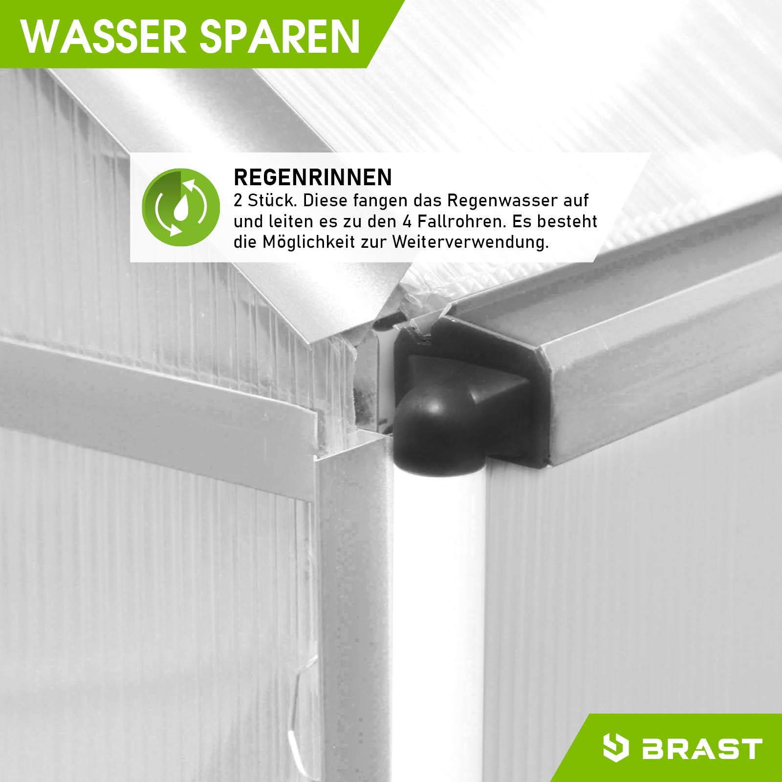 Eckdetail Aluminium Gewächshaus mit Regenrinne, windsicheres begehbares Gewächshaus für Garten mit Fundament.