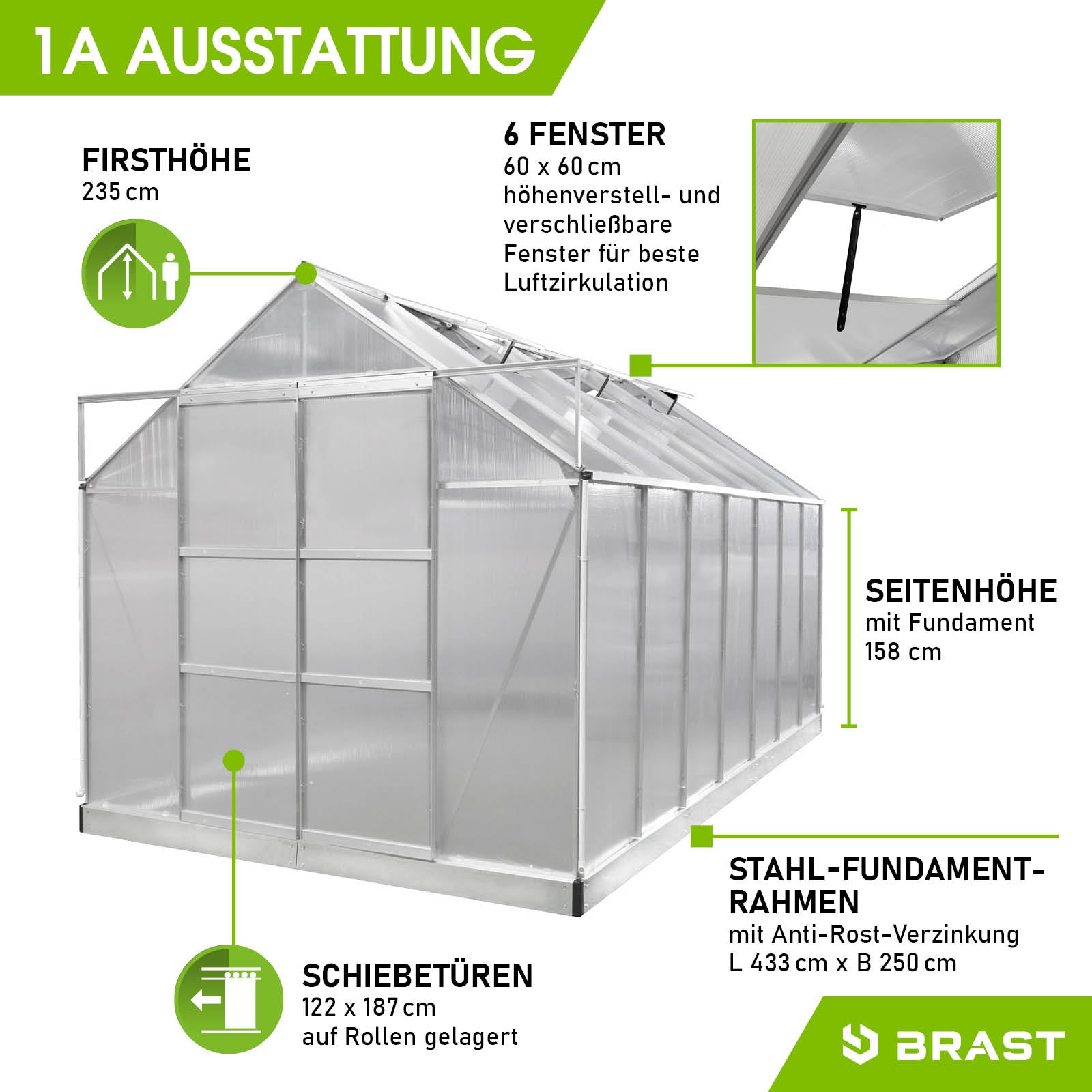 Aluminium Gewächshaus 430x250x235 mit 6 Fenstern, Schiebetüren, Stahl-Fundamentrahmen, begehbares Gewächshaus für Garten,.