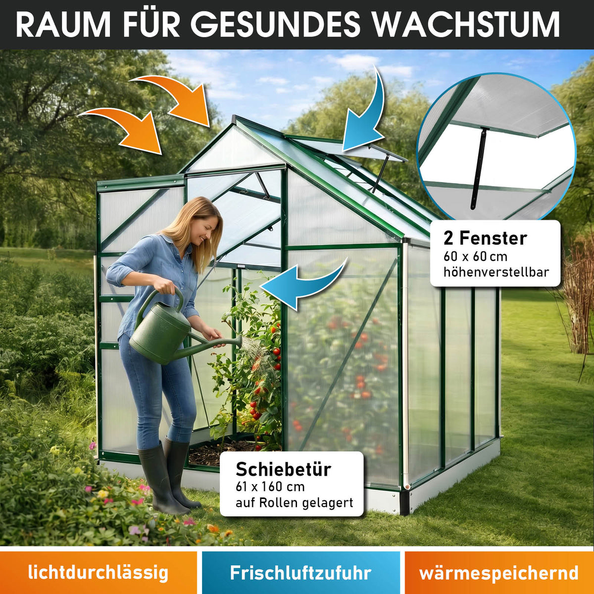 Aluminium-Gewächshaus 190x190x195 grün