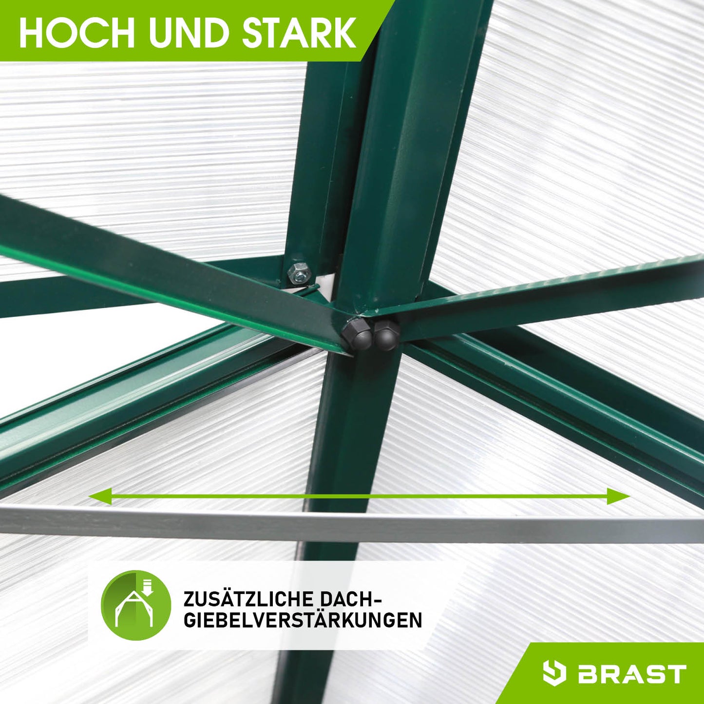 Aluminium Gewächshaus Dach mit verstärkten Dach-Giebelstreben für stabilen Windschutz.