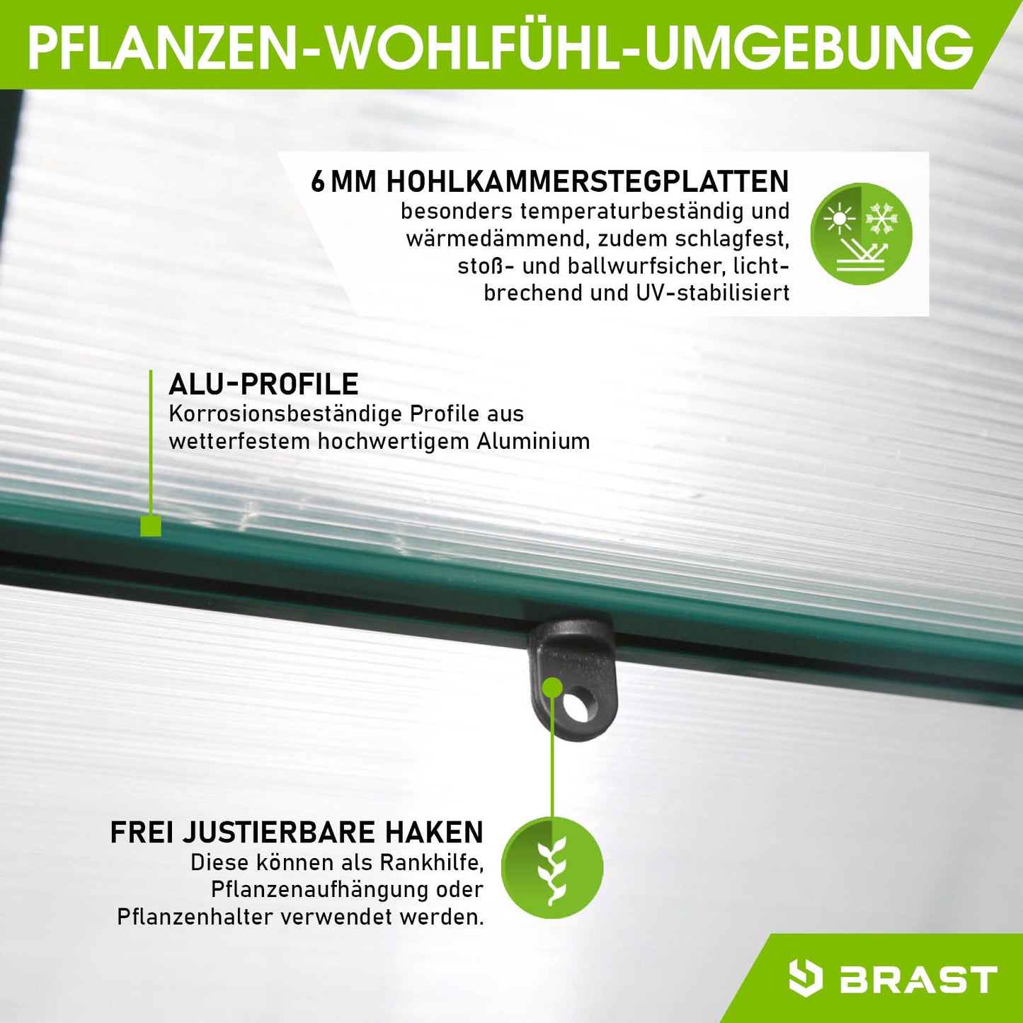 Aluminium Gewächshaus mit 6 mm Hohlkammerstegplatten, wetterfestem Fundament und frei justierbaren Haken, begehbares und.