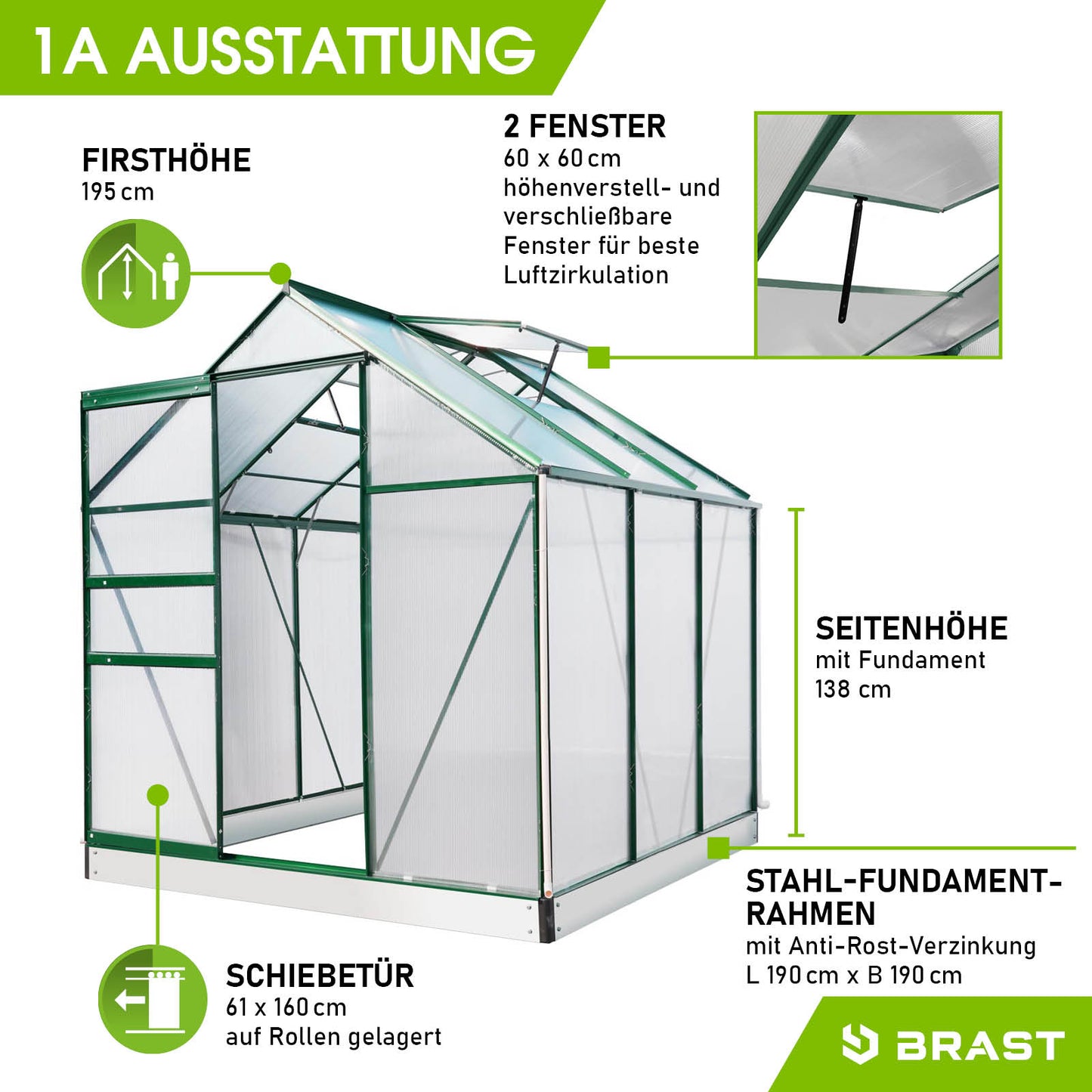 Aluminium Gewächshaus Treibhaus grün 190x190x195 cm mit Fundament und stabilem Stahl-Rahmen, begehbares Gewächshaus für.