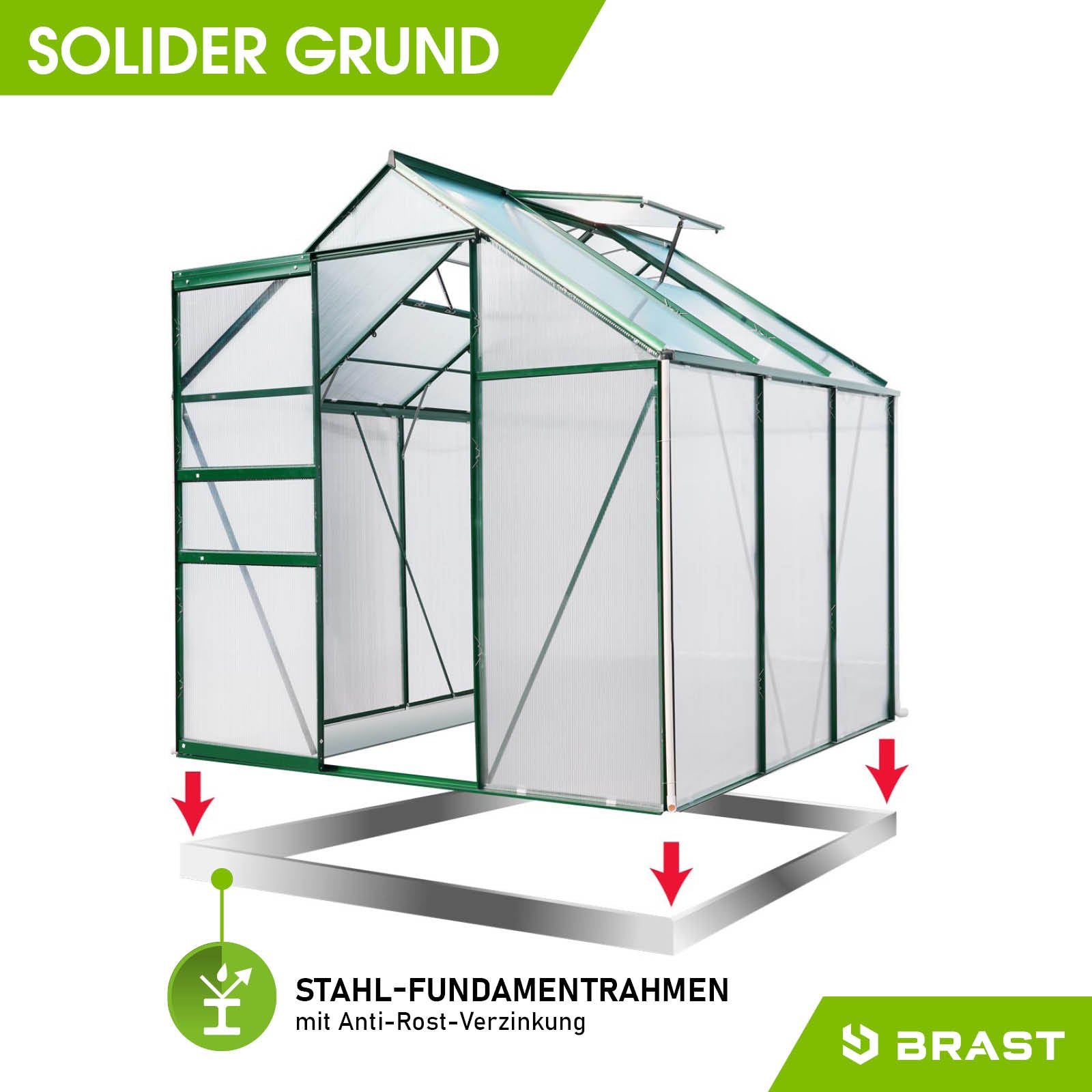 Grünes Aluminium Gewächshaus 190x190x195 cm mit Stahl-Fundamentrahmen, begehbares Gewächshaus für Garten, windsicheres.