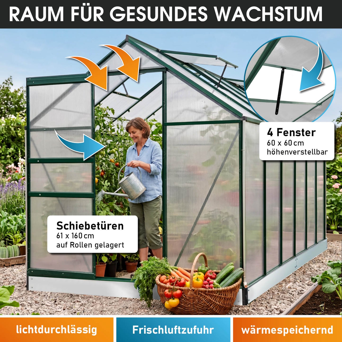 Aluminium-Gewächshaus 380x190x195 grün