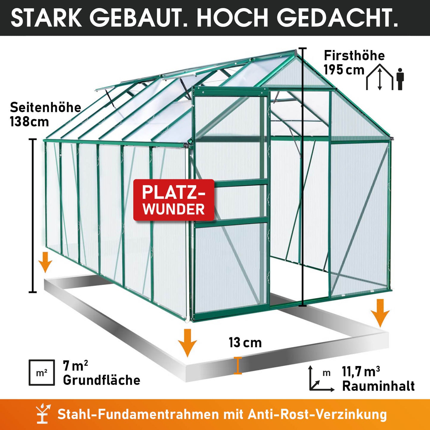 Aluminium-Gewächshaus 380x190x195 grün