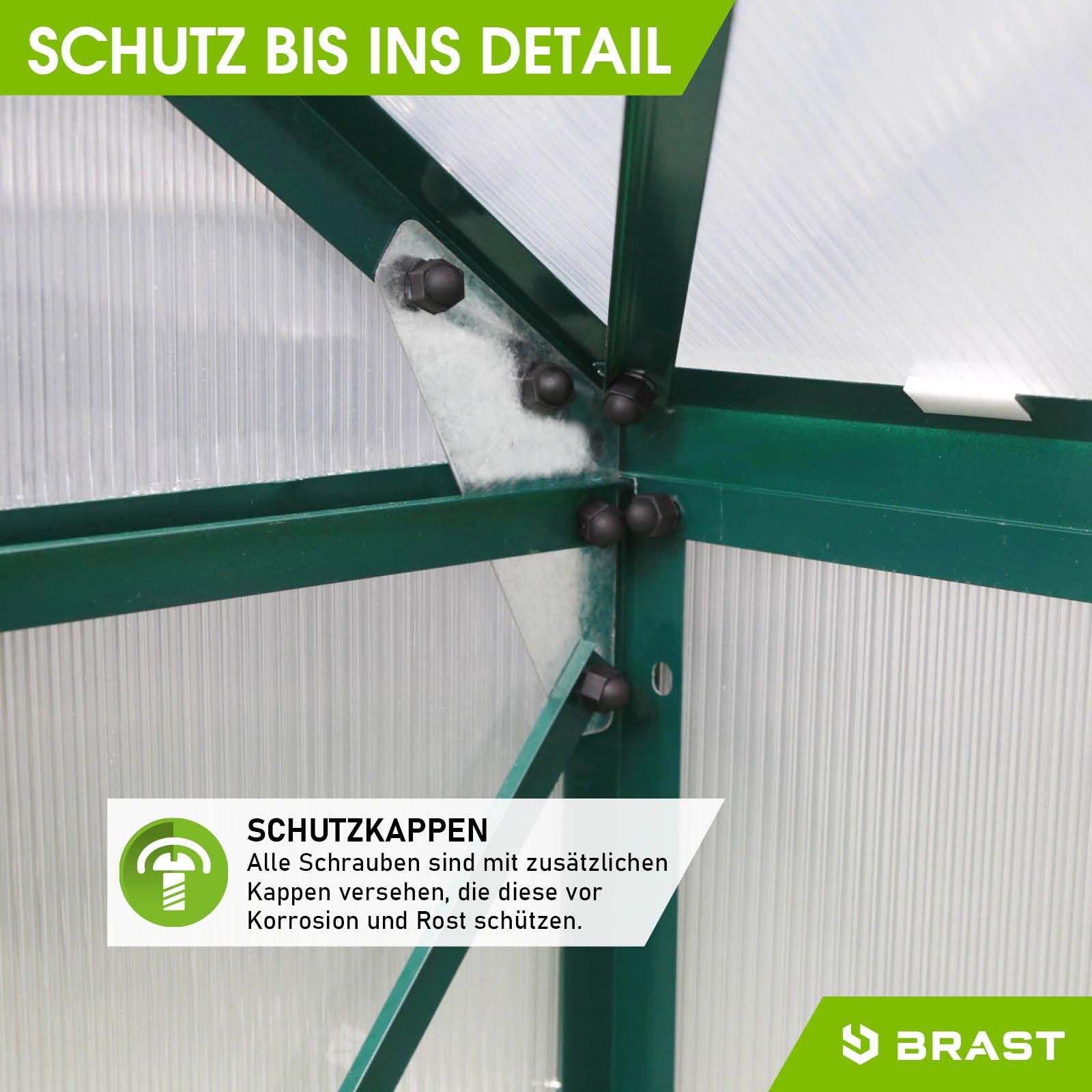Grünes aluminium gewächshaus mit stabilen schutzkappen und windsicherer konstruktion, gewächshaus für garten mit fundament.