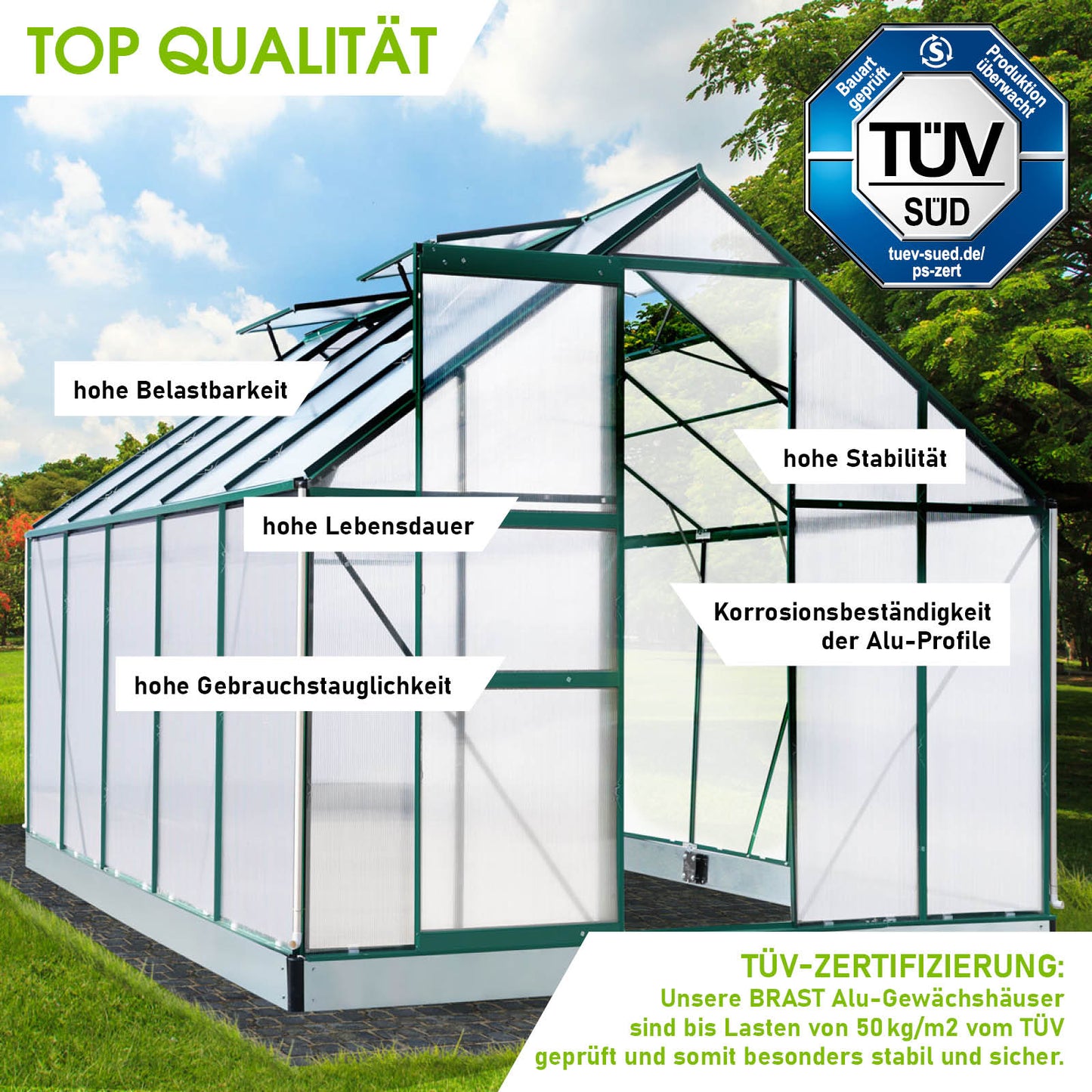 Aluminium Gewächshaus 310x250x205 grün, begehbares Gewächshaus mit Fundament, windsicher, korrosionsbeständige Alu-Profile,.