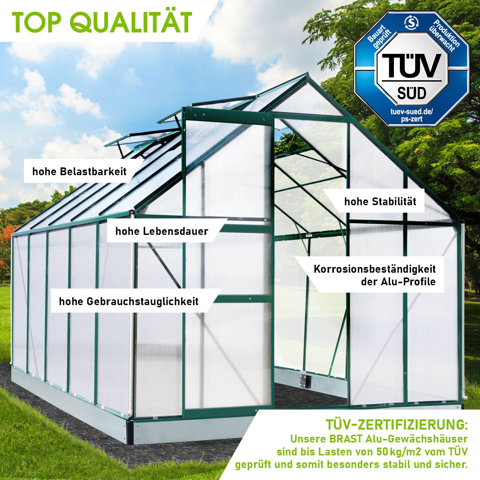 Aluminium Gewächshaus 310x250x205 grün, begehbares Gewächshaus mit Fundament, windsicher, korrosionsbeständige Alu-Profile,.