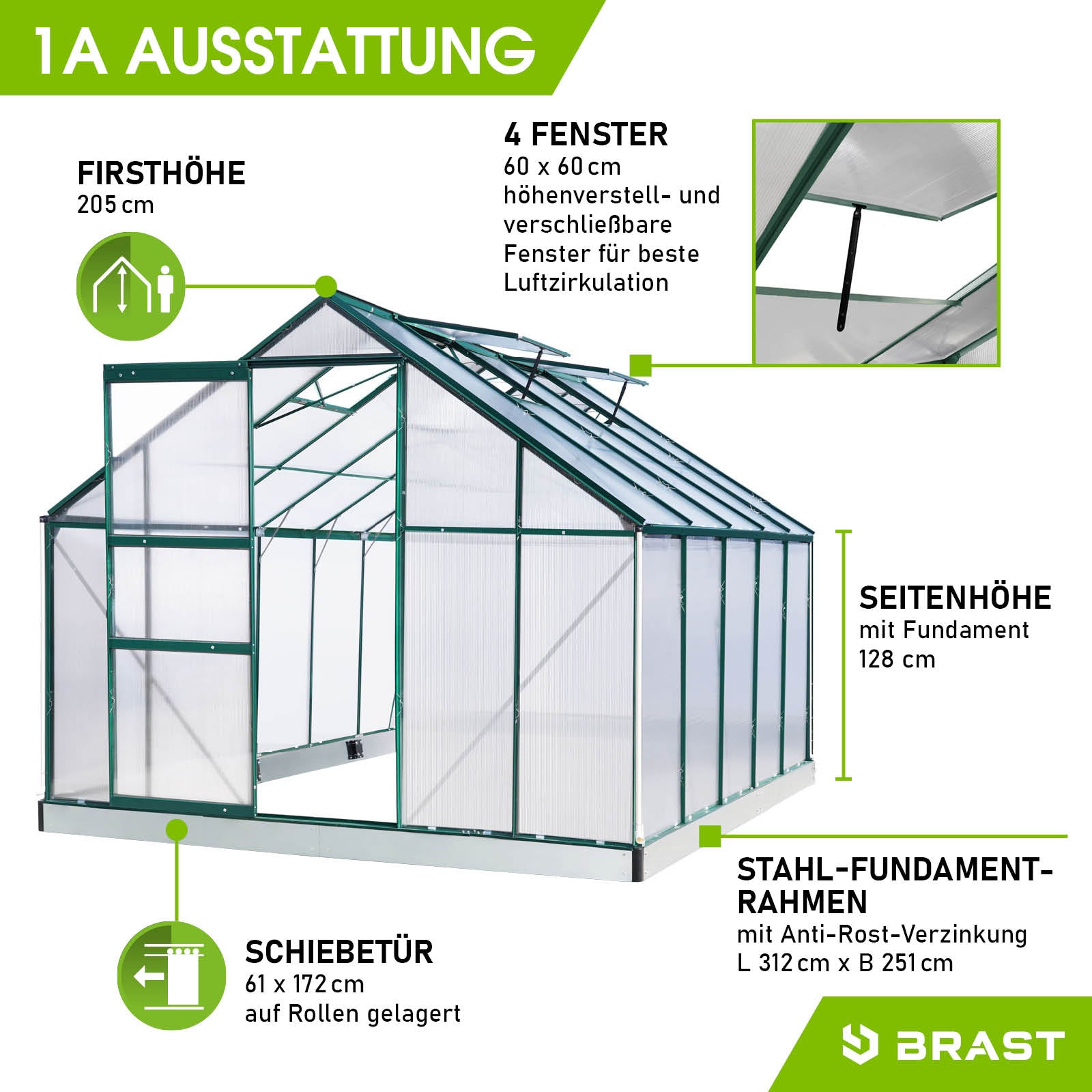 Grünes Aluminium Gewächshaus 310x250x205 cm mit Stahl-Fundamentrahmen, begehbar, vier Fenster, schiebetür, windsicher für.