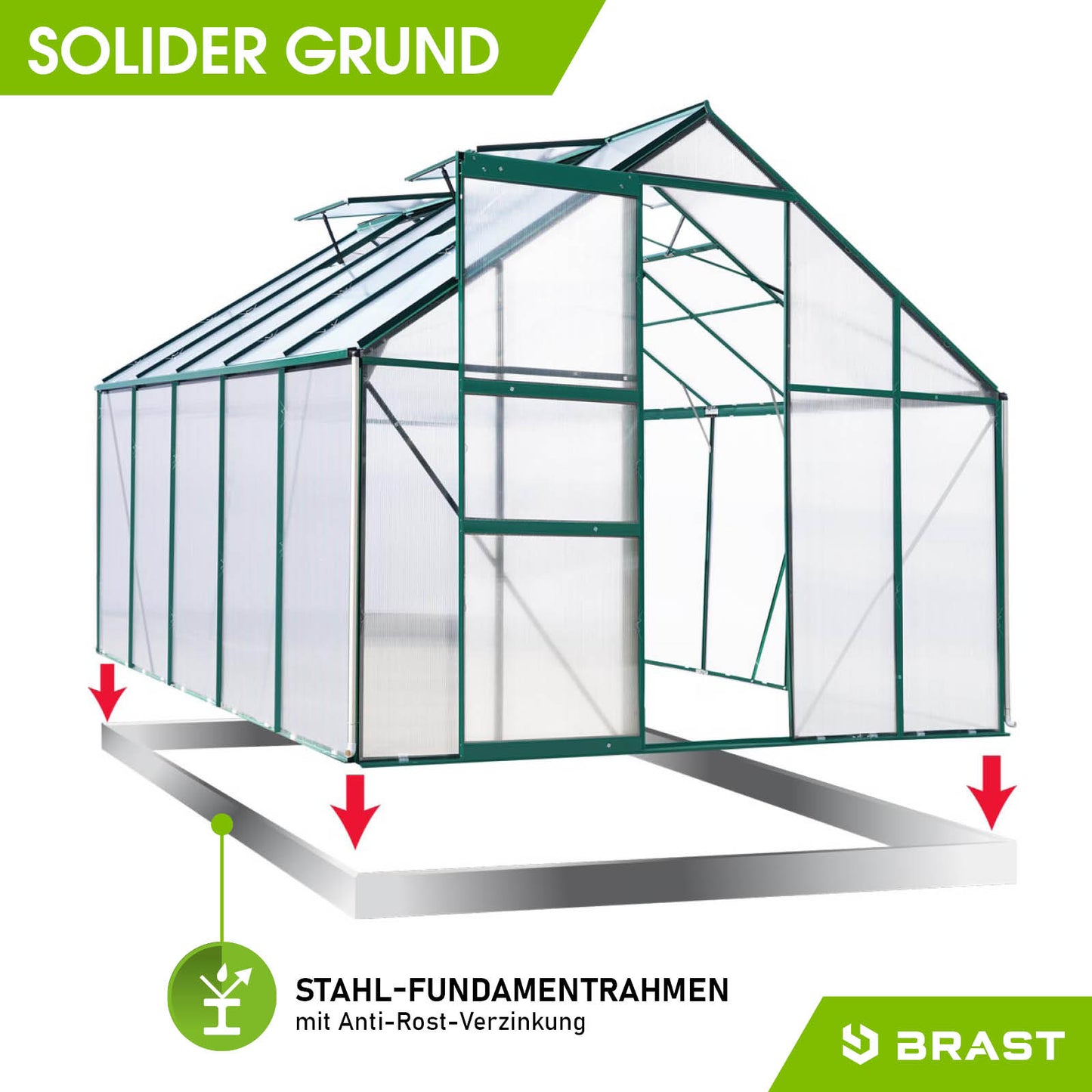 Grünes Aluminium Gewächshaus 310x250x205 cm mit Stahl-Fundamentrahmen, windsicher und begehbar, Gewächshaus für Garten und.