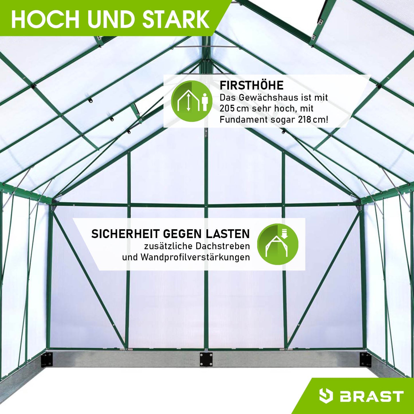 Begehbares Aluminium Gewächshaus 310x250x205 cm, windsicher, mit stabilem Fundament, ideal für Garten und Treibhaus, grün.