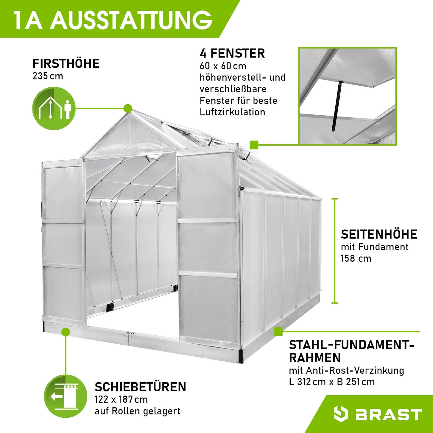 Aluminium Gewächshaus mit Fundament, drei Schiebetüren, vier Fenster, stabiles Stahlrahmen, begehbares Gewächshaus für.