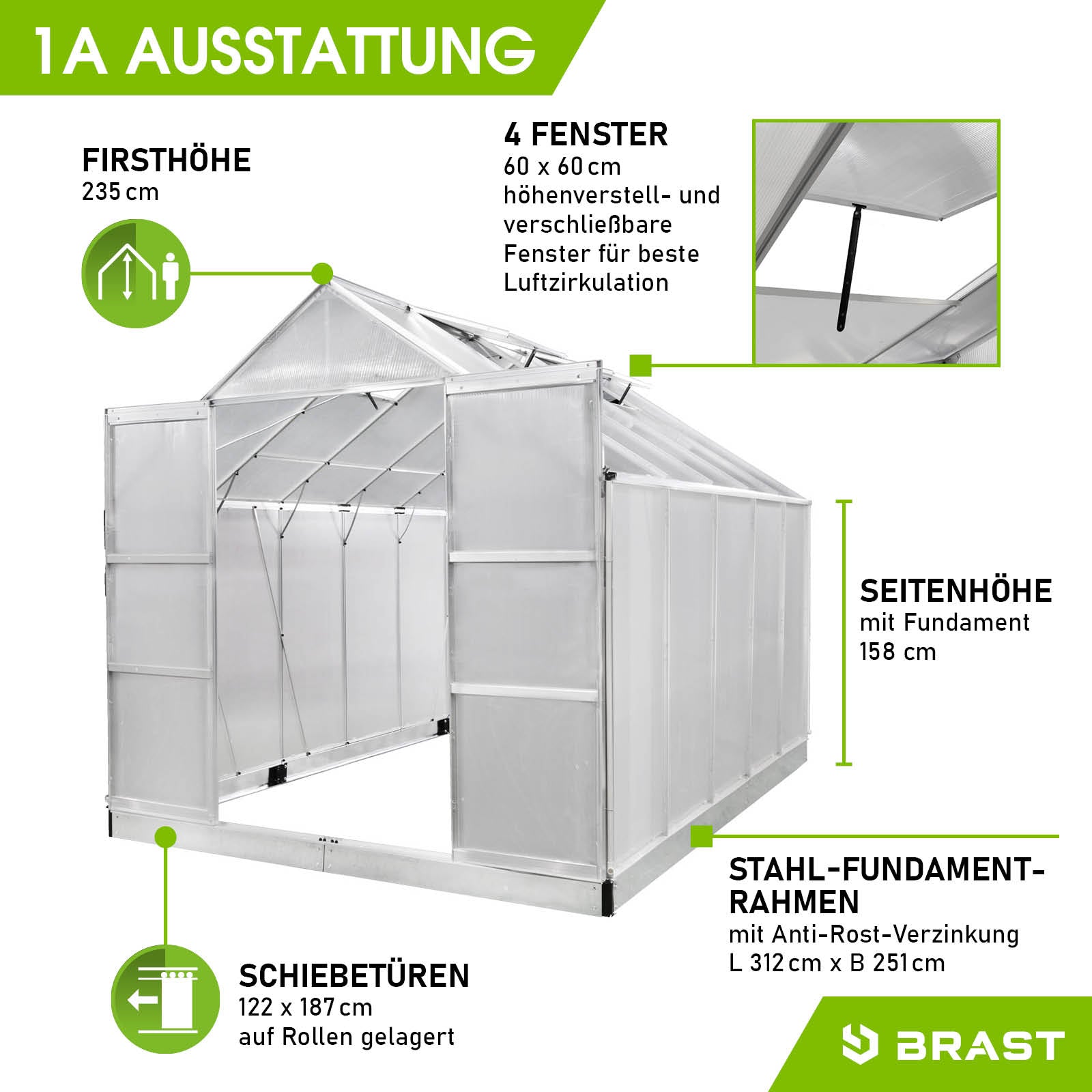 Aluminium Gewächshaus mit Fundament, drei Schiebetüren, vier Fenster, stabiles Stahlrahmen, begehbares Gewächshaus für.