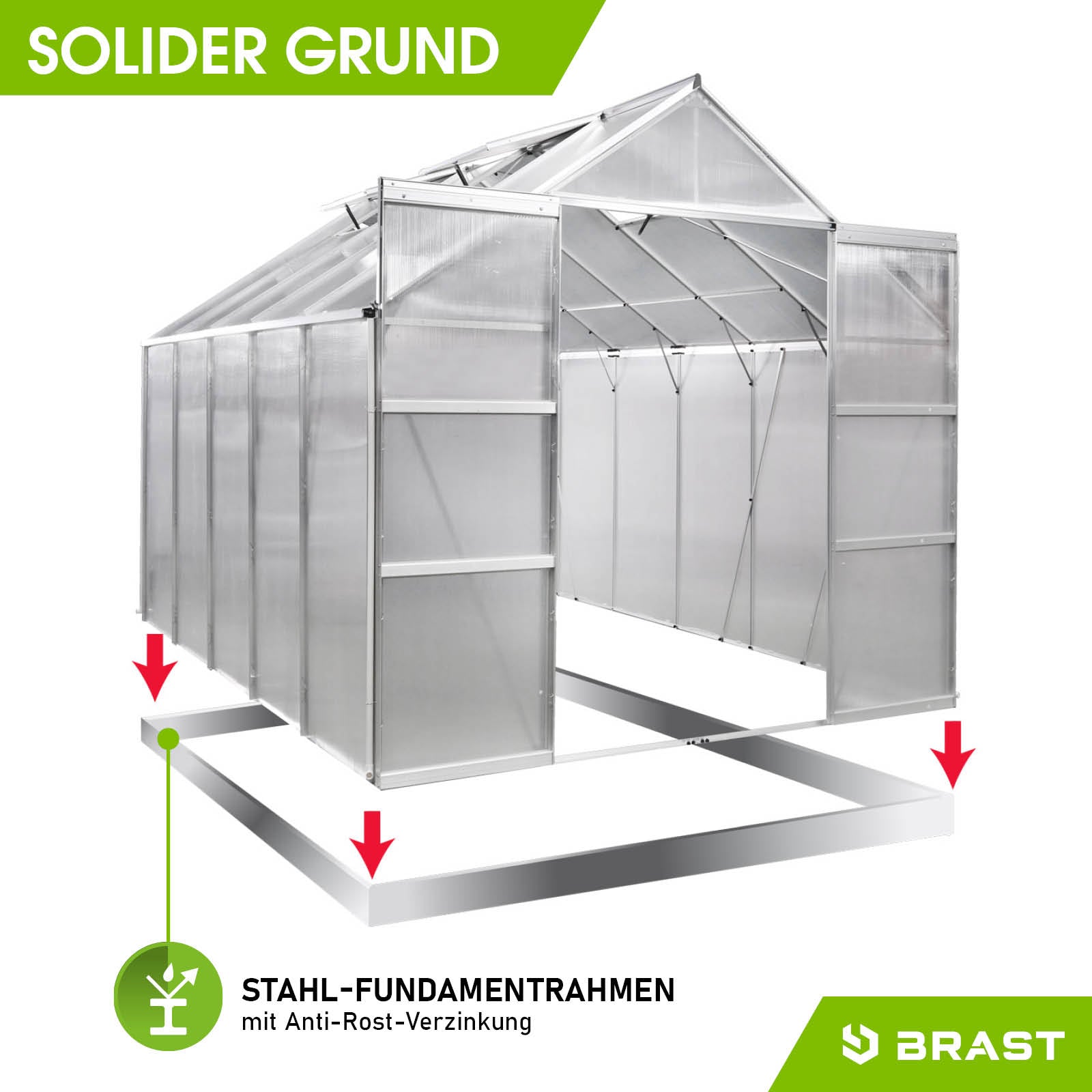Aluminium Gewächshaus 310x250x235 mit Stahl-Fundamentrahmen, begehbares Gewächshaus Windsicher fürs Garten Gewächshaus.