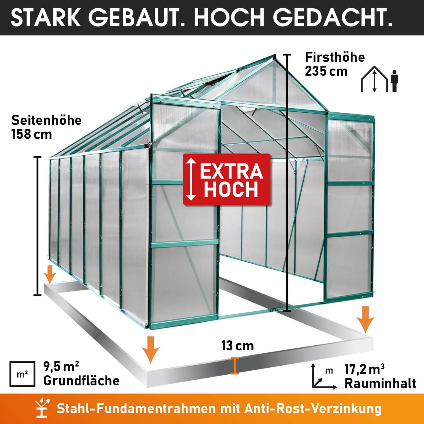 Aluminium-Gewächshaus 380x250x235 grün