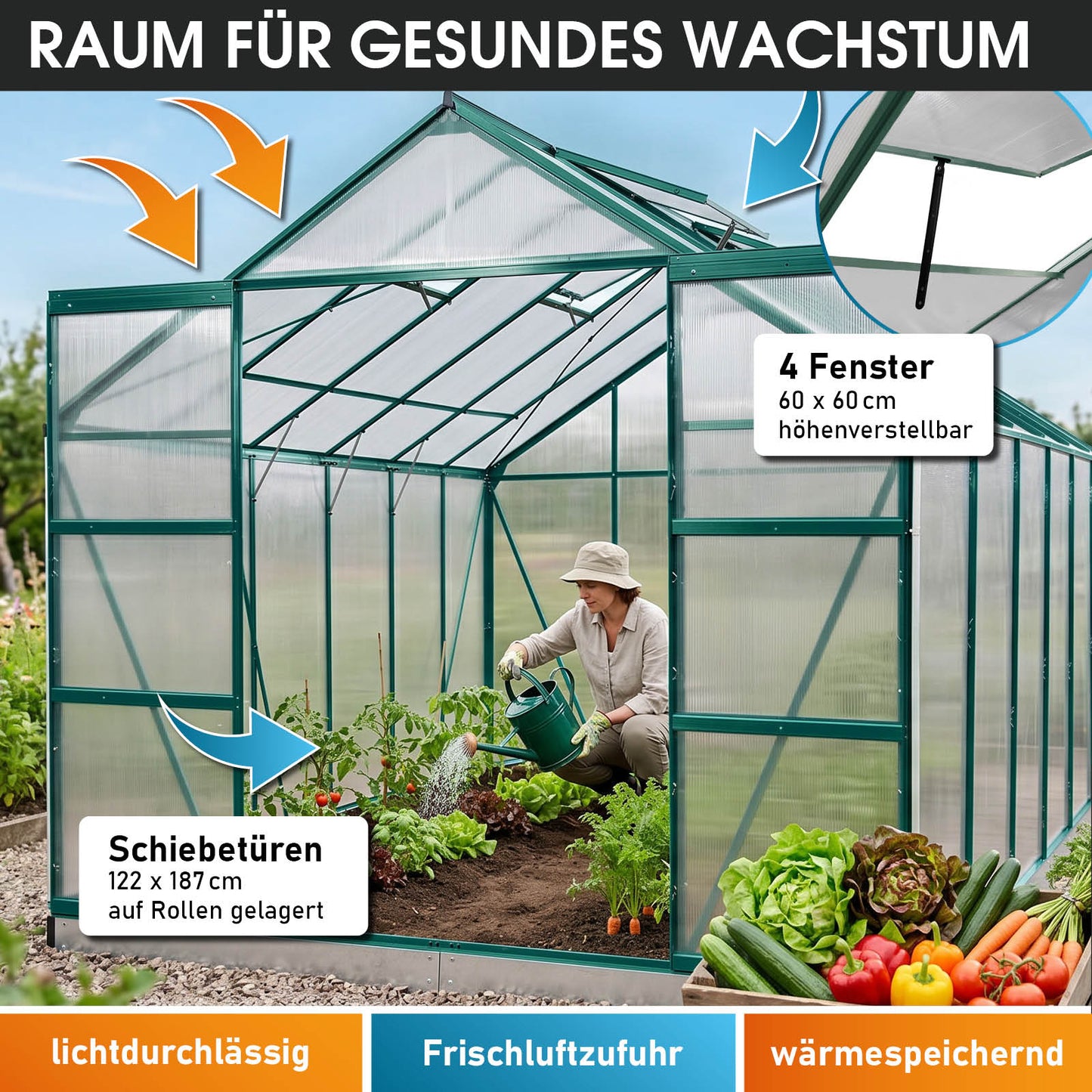 Aluminium-Gewächshaus 380x250x235 grün