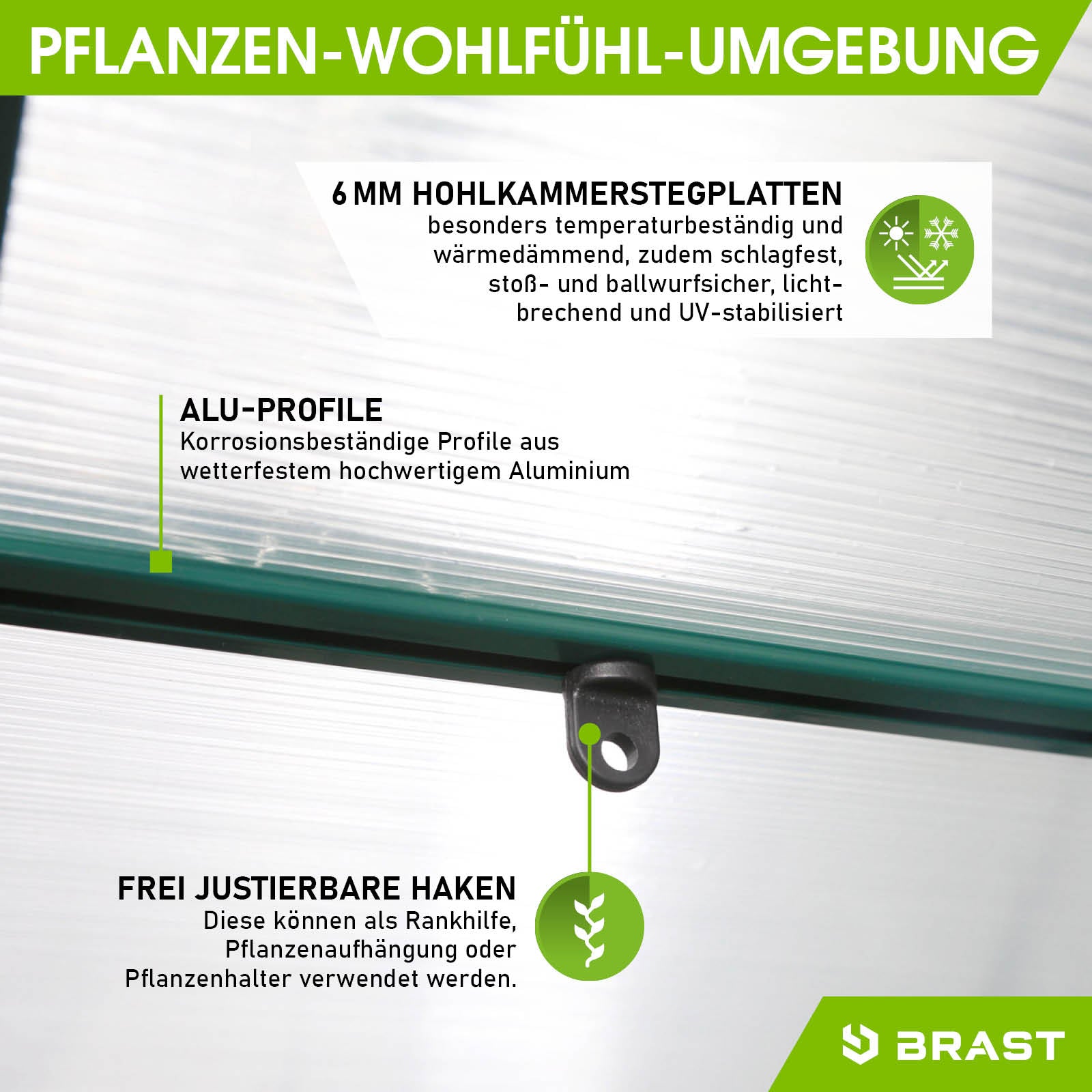 Detailaufnahme Aluminium Gewächshaus mit 6 mm Hohlkammerstegplatten, wetterfesten Alu-Profilen und justierbaren Haken,.