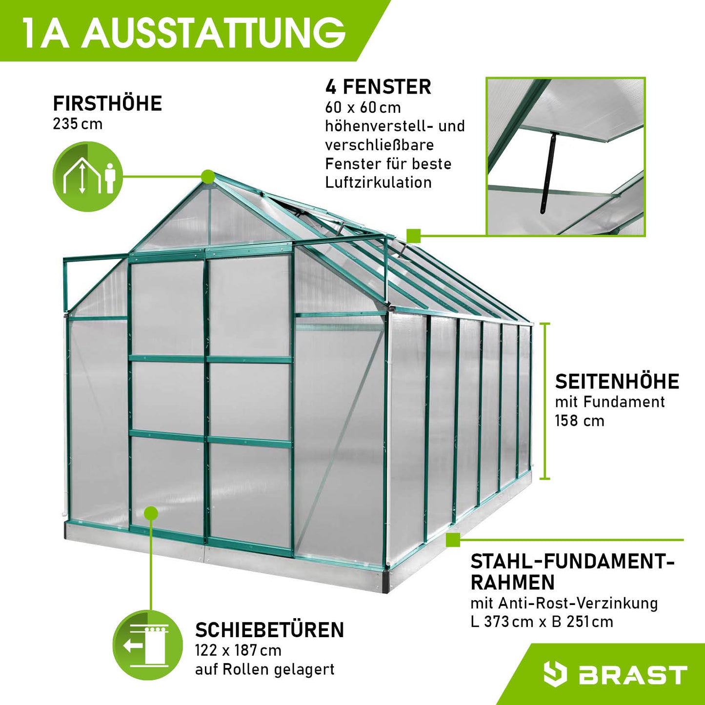 Aluminium Gewächshaus 380x250x235 cm grün mit Stahl-Fundamentrahmen, 4 Fenstern, Schiebetüren, begehbares Gewächshaus für.