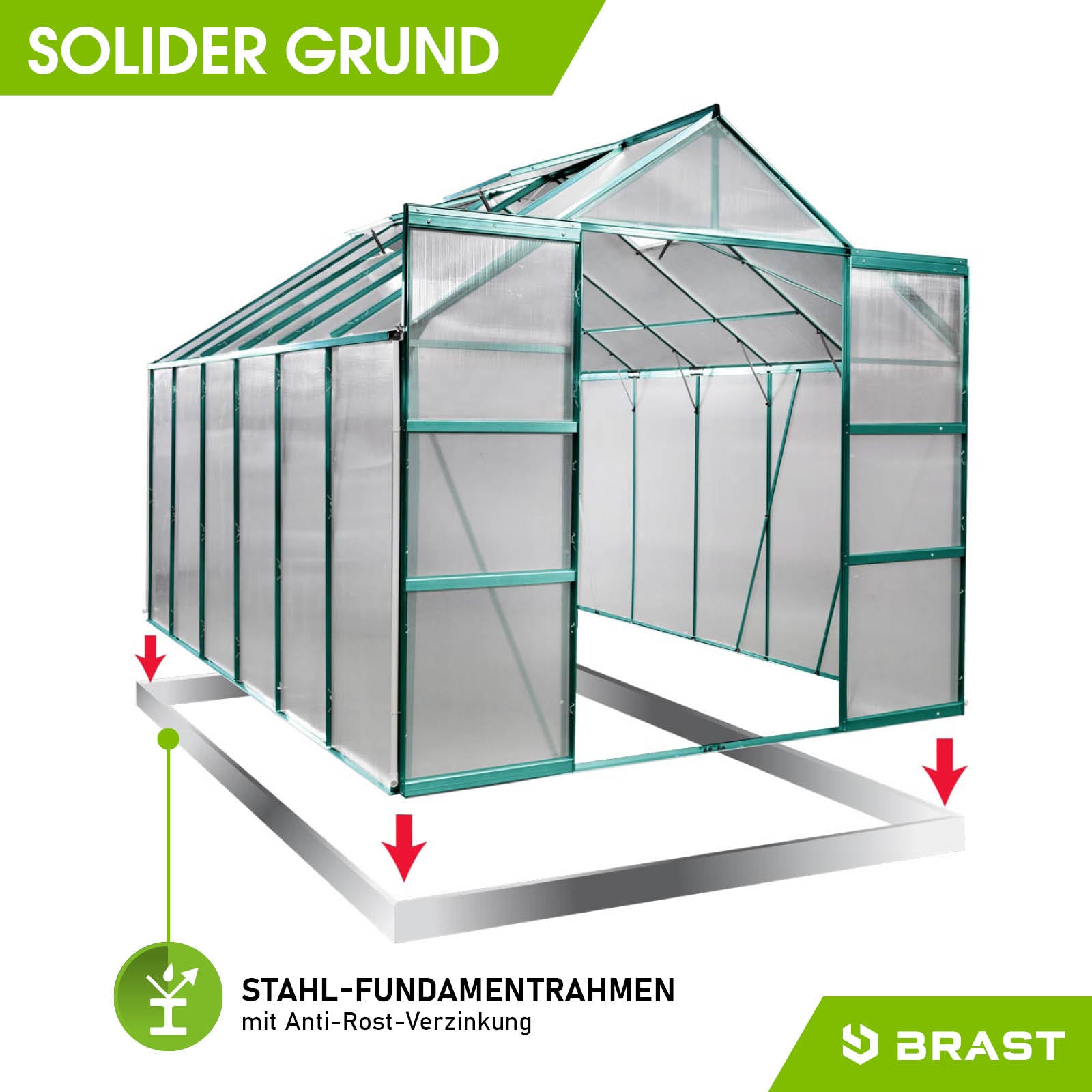 Grünes Aluminium Gewächshaus 380x250x235 mit Stahl-Fundamentrahmen, begehbares Windsicheres Gewächshaus Treibhaus für Garten.