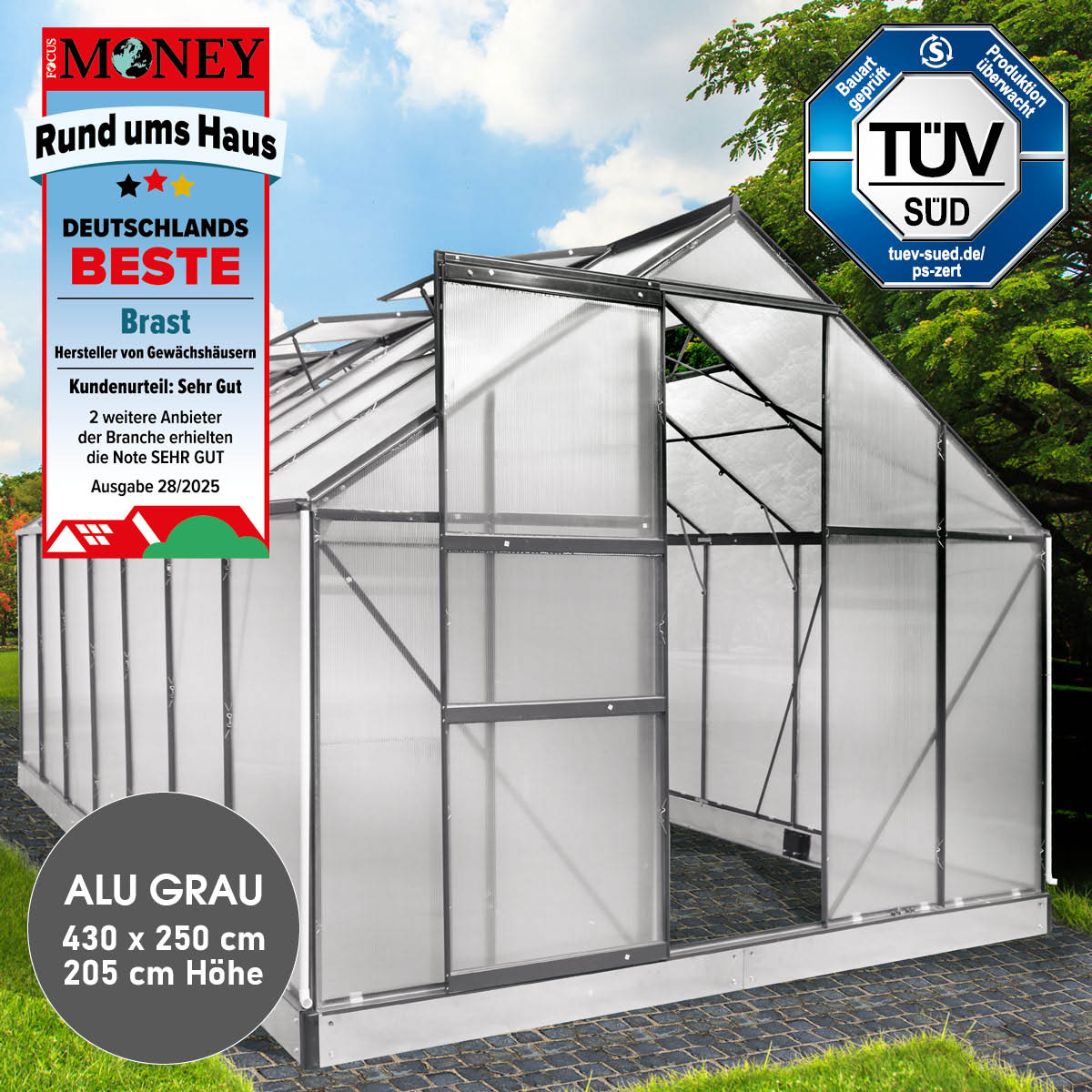 Aluminium-Gewächshaus 430x250x205 grau