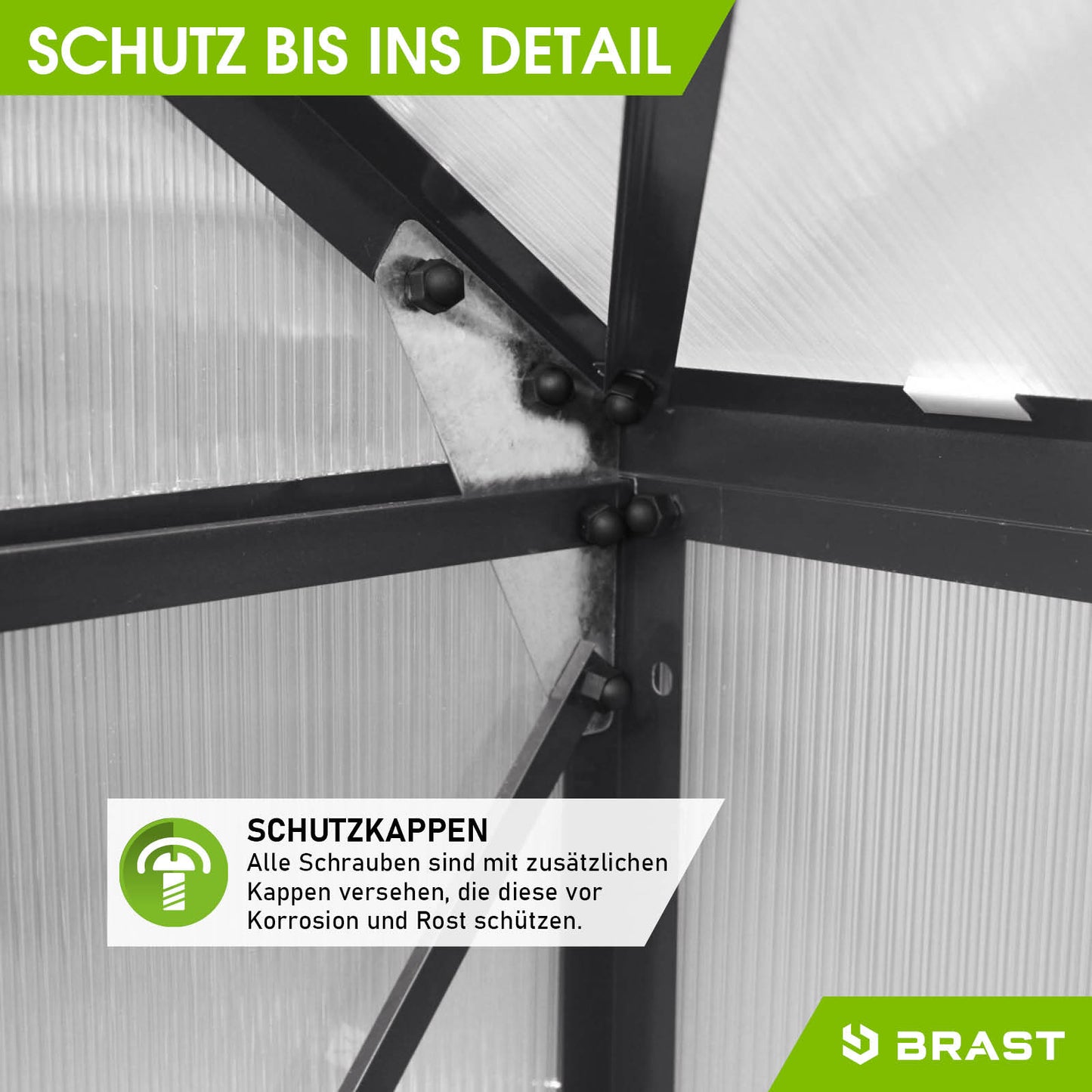 Detailaufnahme des stabilen Aluminium Gewächshauses mit Schutzkappen im begehbaren, windsicheren Gewächshaus für Garten mit.