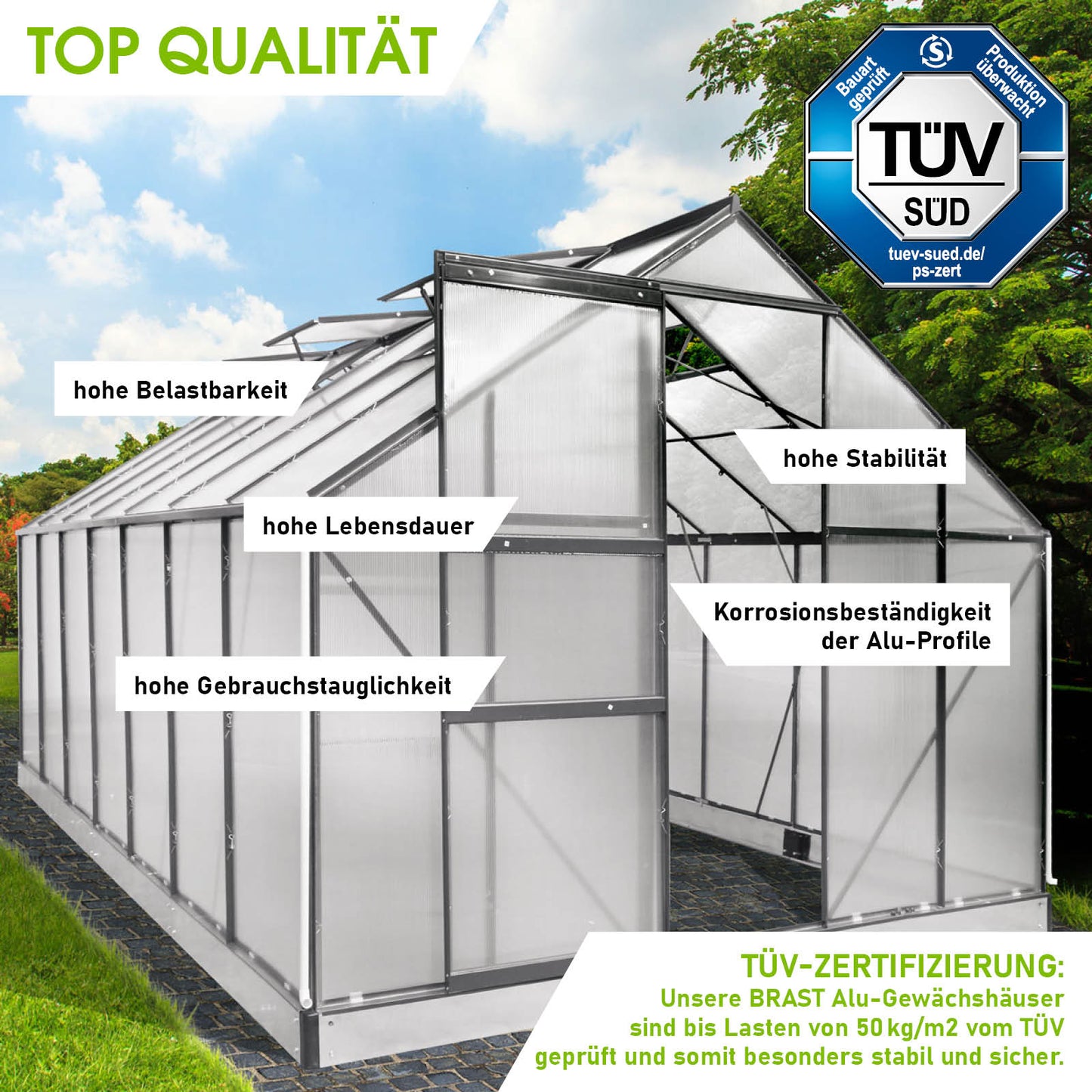 Aluminium Gewächshaus 430x250x205 cm mit Fundament, windsicher und begehbar, hochwertiges Gewächshaus Treibhaus für Garten.