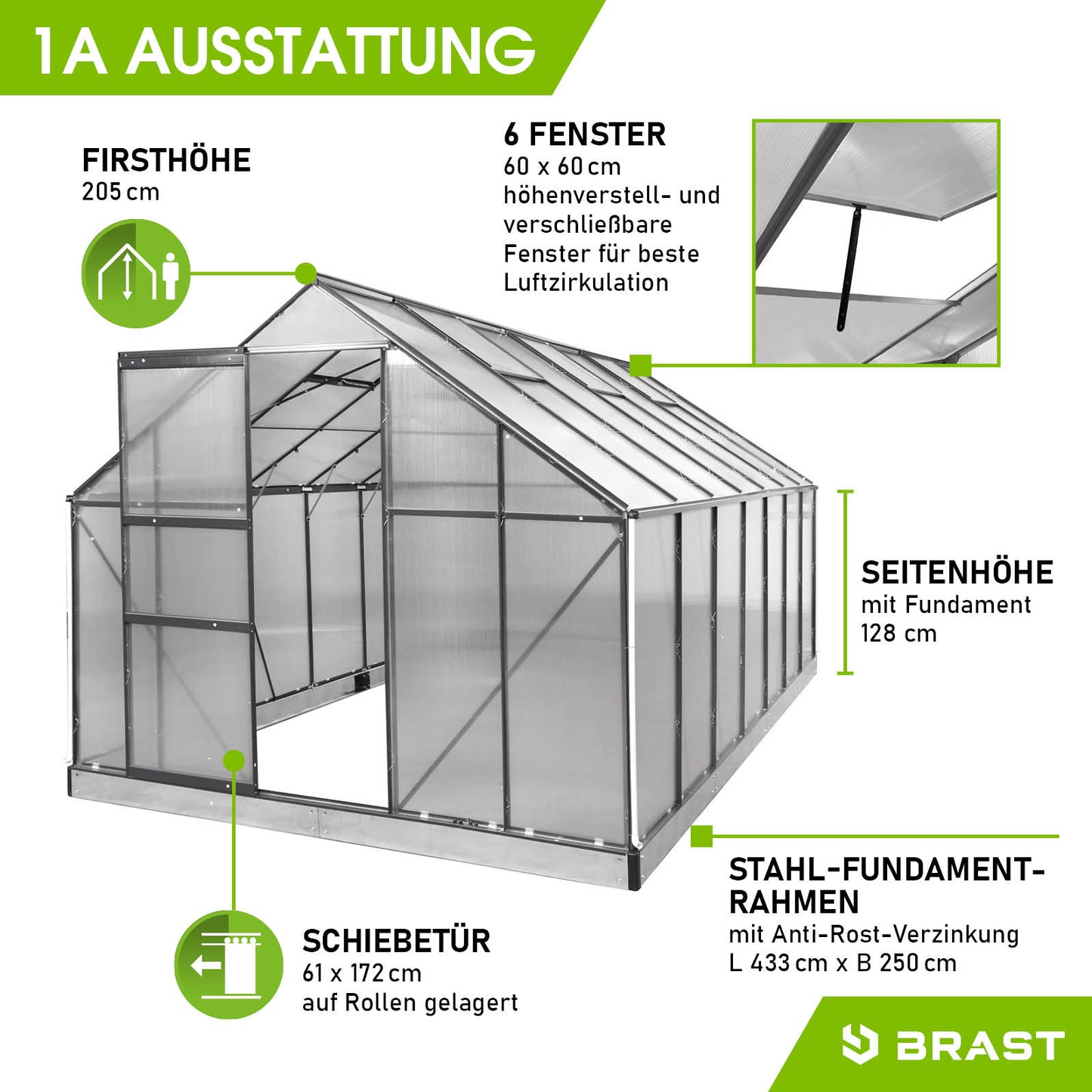 Aluminium Gewächshaus mit 6 Fenstern, Schiebetür und Stahl-Fundamentrahmen, begehbares, windsicheres Gewächshaus für Garten.