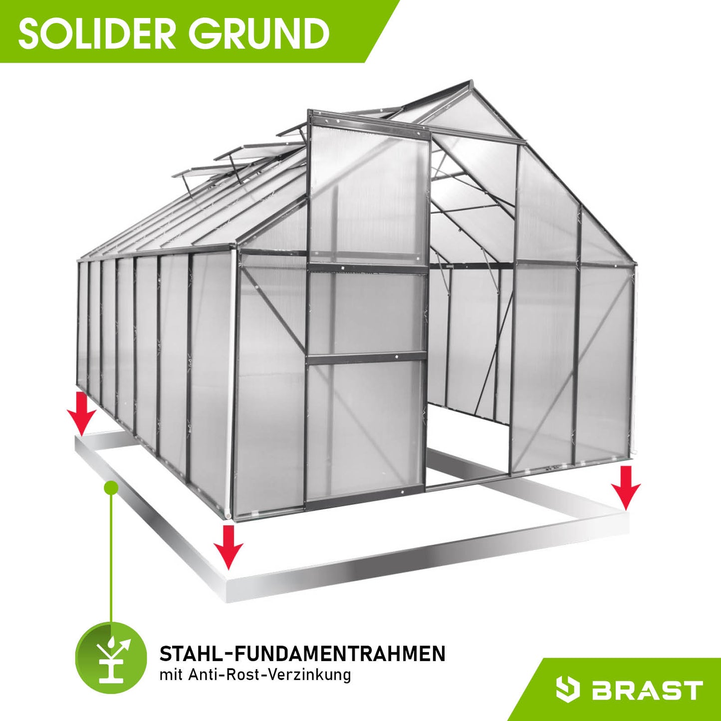 Aluminium Gewächshaus Treibhaus grau mit Stahl-Fundament, begehbar und windsicher für Garten.