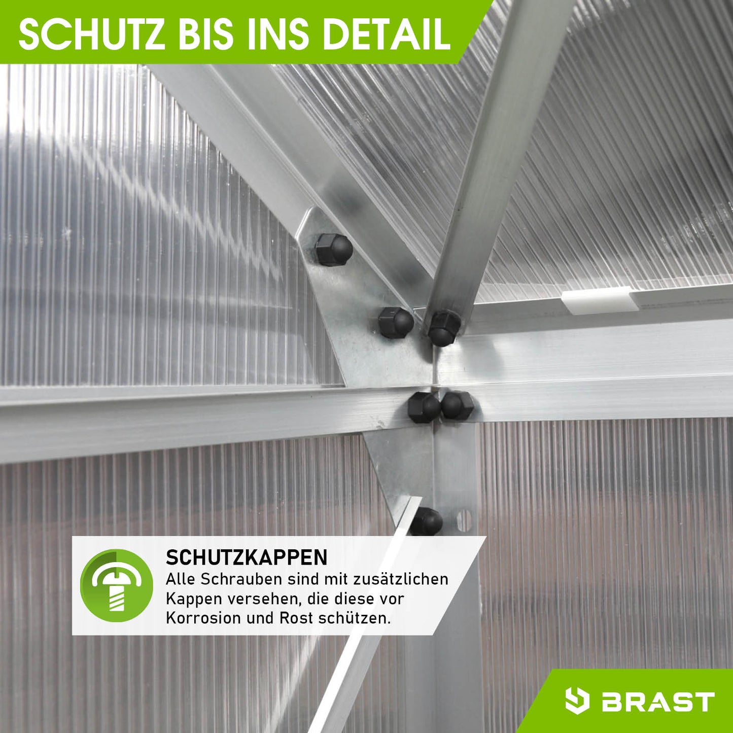 Aluminium Gewächshaus Detail mit stabilen Verbindungsbeschlägen und Fundament, begehbares Gewächshaus Treibhaus für Garten,.