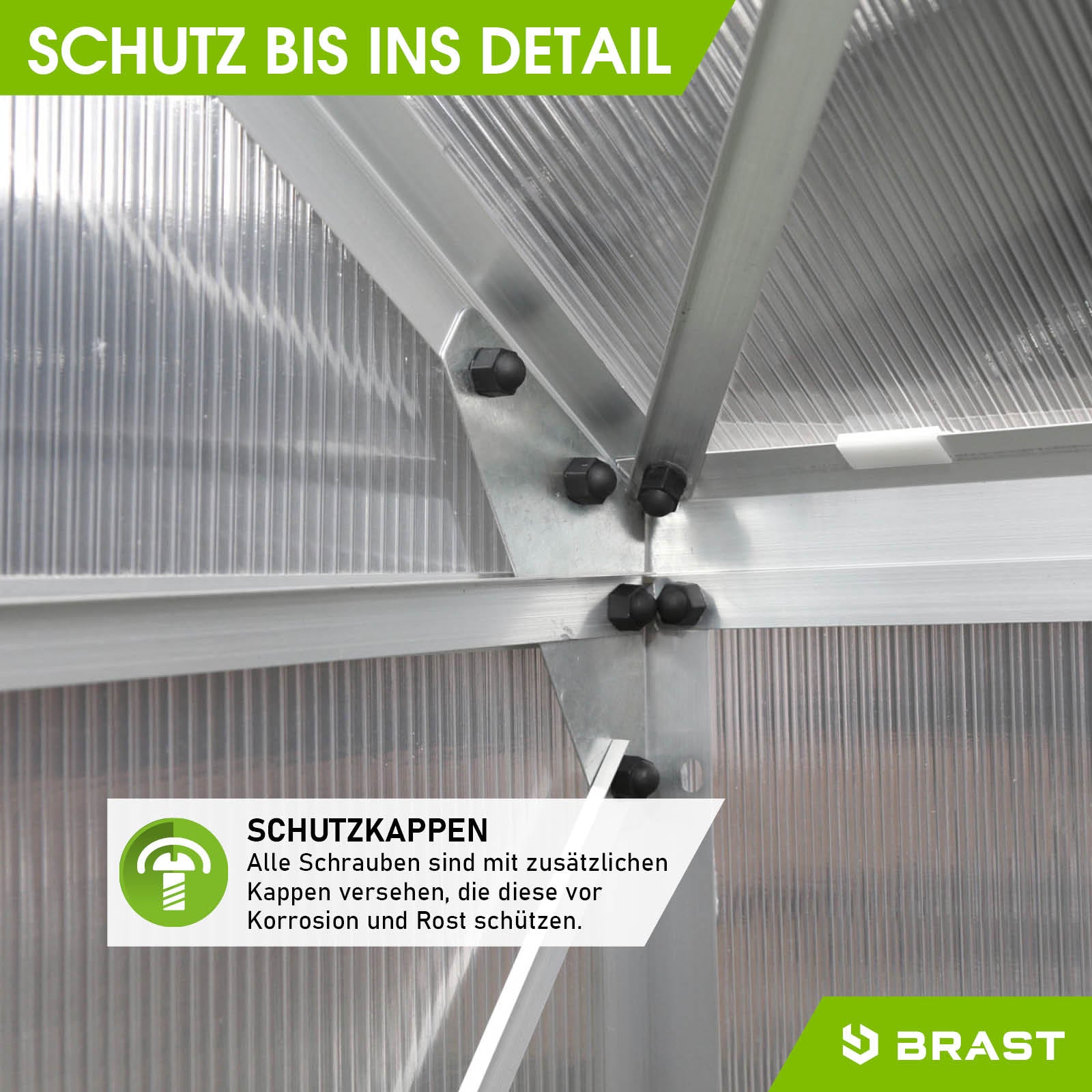 Aluminium Gewächshaus Detail mit stabilen Verbindungsbeschlägen und Fundament, begehbares Gewächshaus Treibhaus für Garten,.