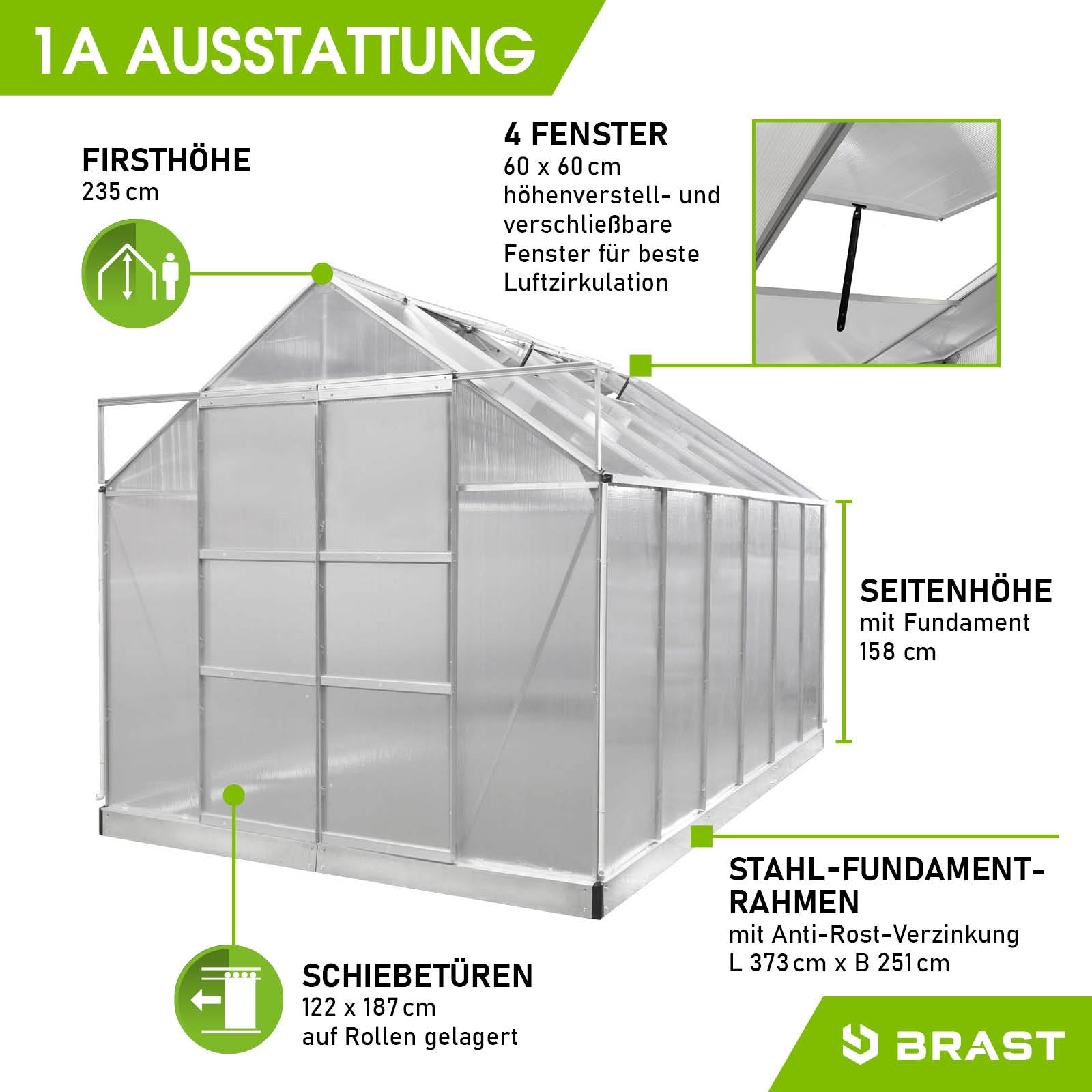 Aluminium Gewächshaus Treibhaus für Garten 380x250x235 cm mit Fundament, begehbar, windsicher, 4 Fenster, Schiebetüren.