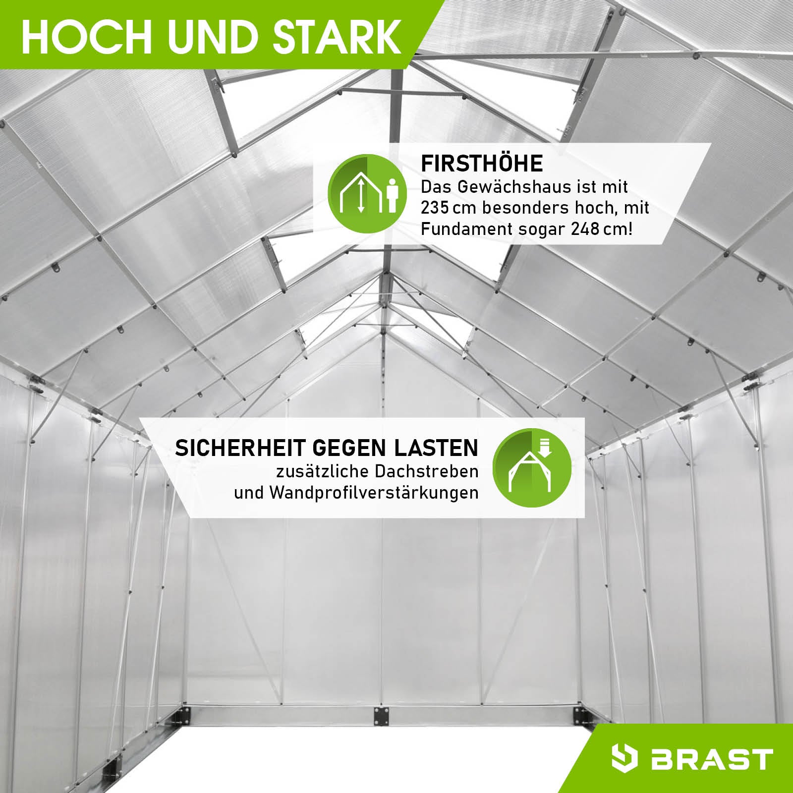 Aluminium Gewächshaus 380x250x235 mit Fundament, begehbar, windsicher, Gewächshaus Treibhaus für Garten.