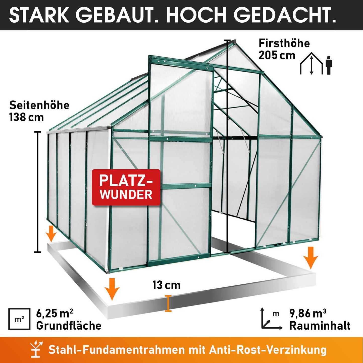 Aluminium-Gewächshaus 250x250x205 grün