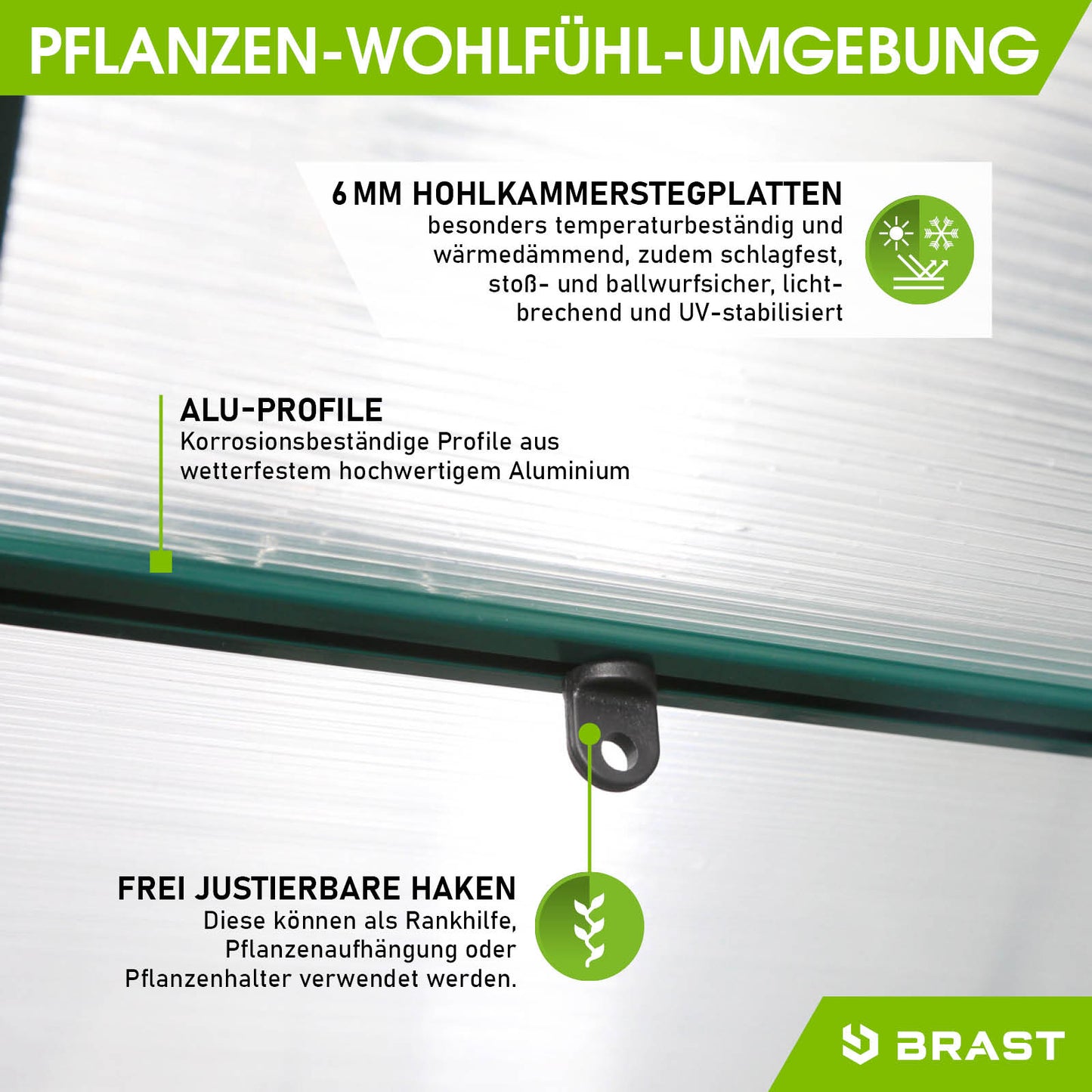 Aluminium Gewächshaus mit 6mm Hohlkammerstegplatten, verstellbare Haken, windsicheres begehbares Gewächshaus für Garten mit.