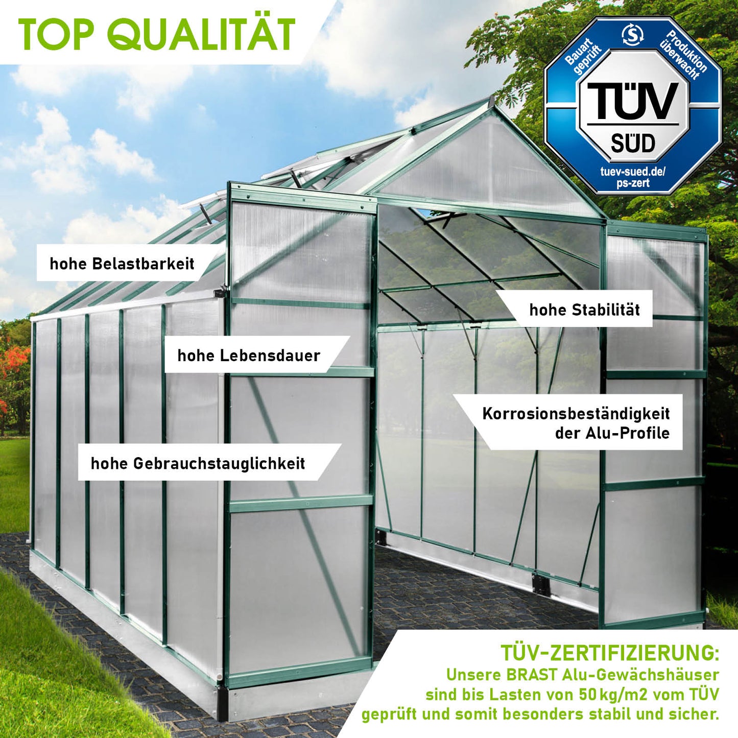 Aluminium Gewächshaus 310x250x235 cm grün, begehbares Gewächshaus mit Fundament, windsicher, korrosionsbeständige.