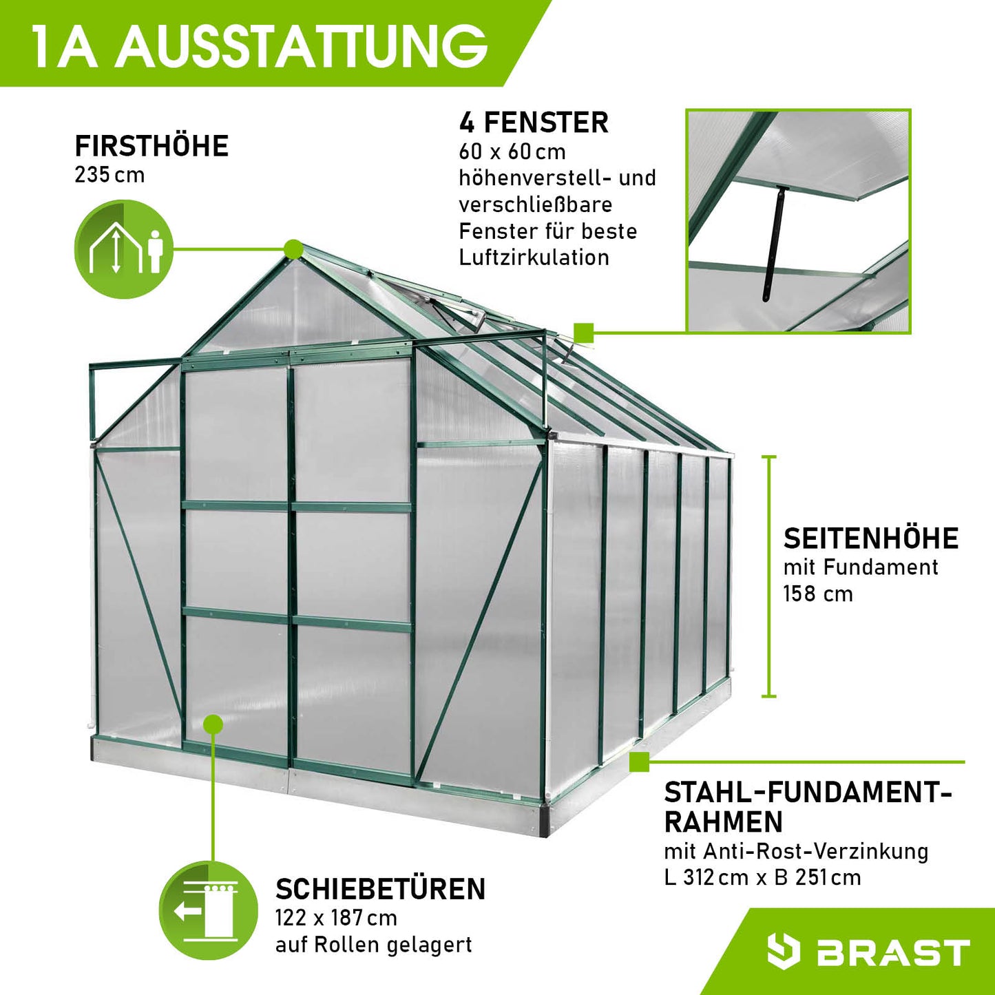 Grünes Aluminium Gewächshaus für Garten mit Stahl-Fundamentrahmen, begehbar und windsicher, 6 Fenstern und 2 Schiebetüren.