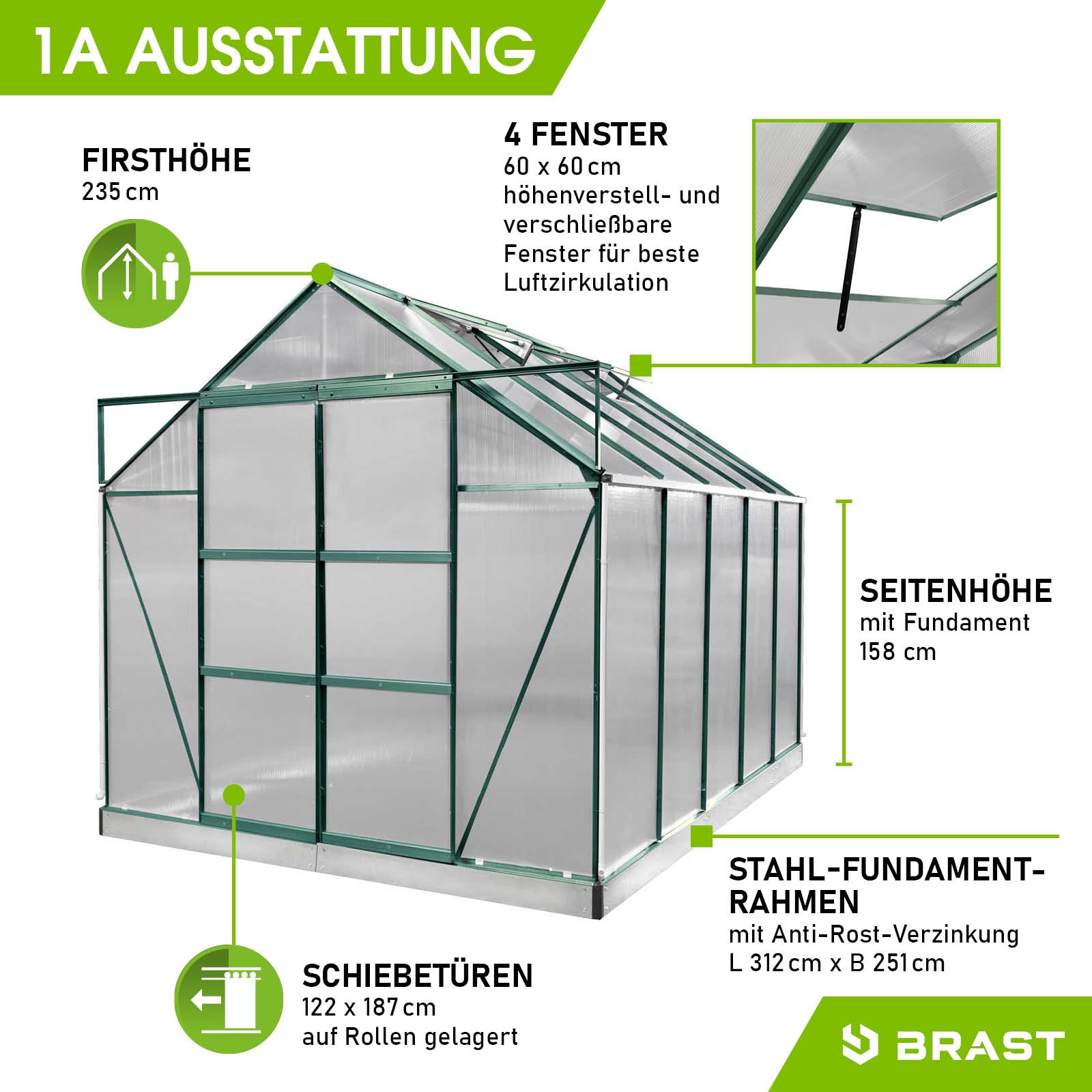 Grünes Aluminium Gewächshaus für Garten mit Stahl-Fundamentrahmen, begehbar und windsicher, 6 Fenstern und 2 Schiebetüren.