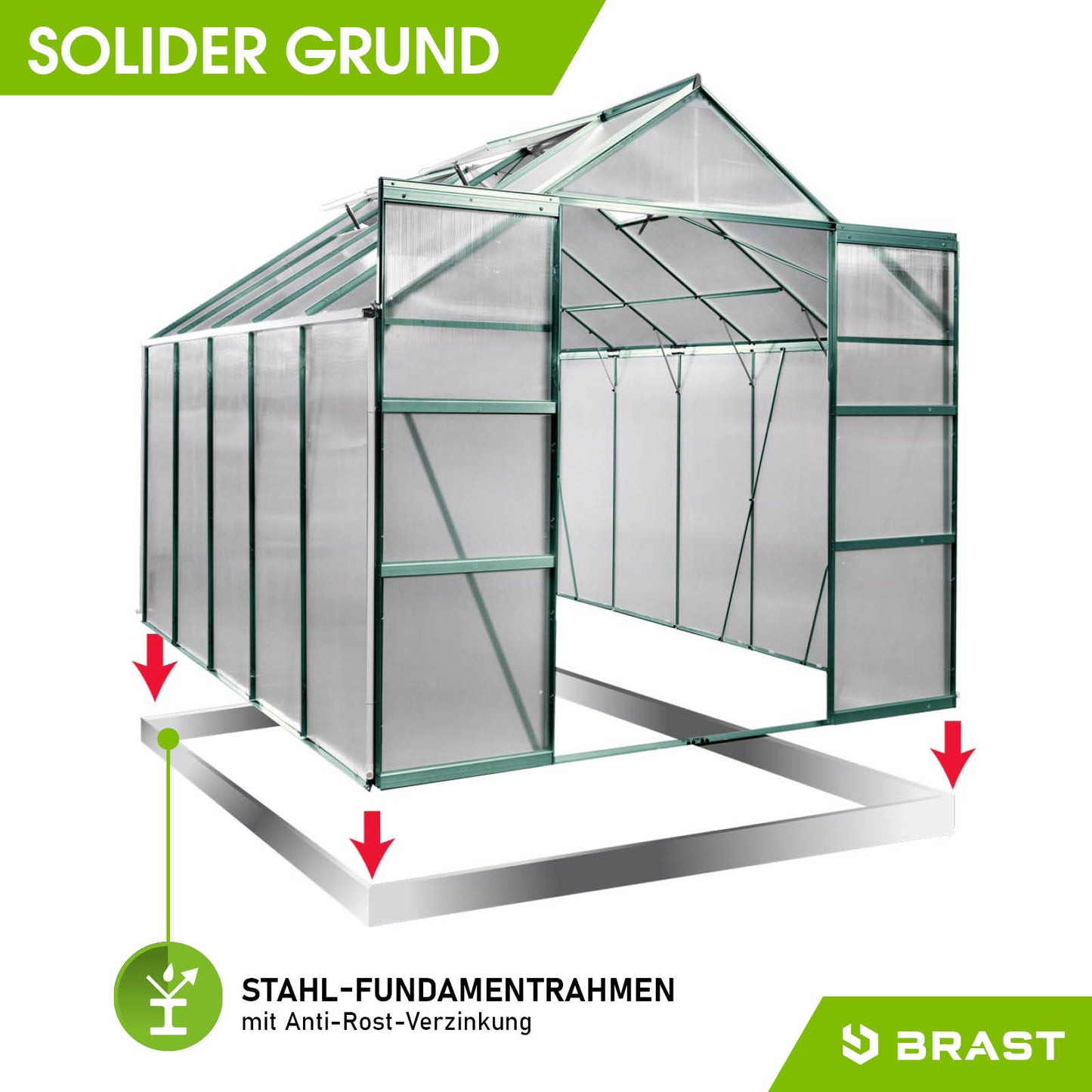 Begehbares Aluminium Gewächshaus 310x250x235 cm mit Stahl Fundamentrahmen, windsicheres Gewächshaus Treibhaus für Garten.