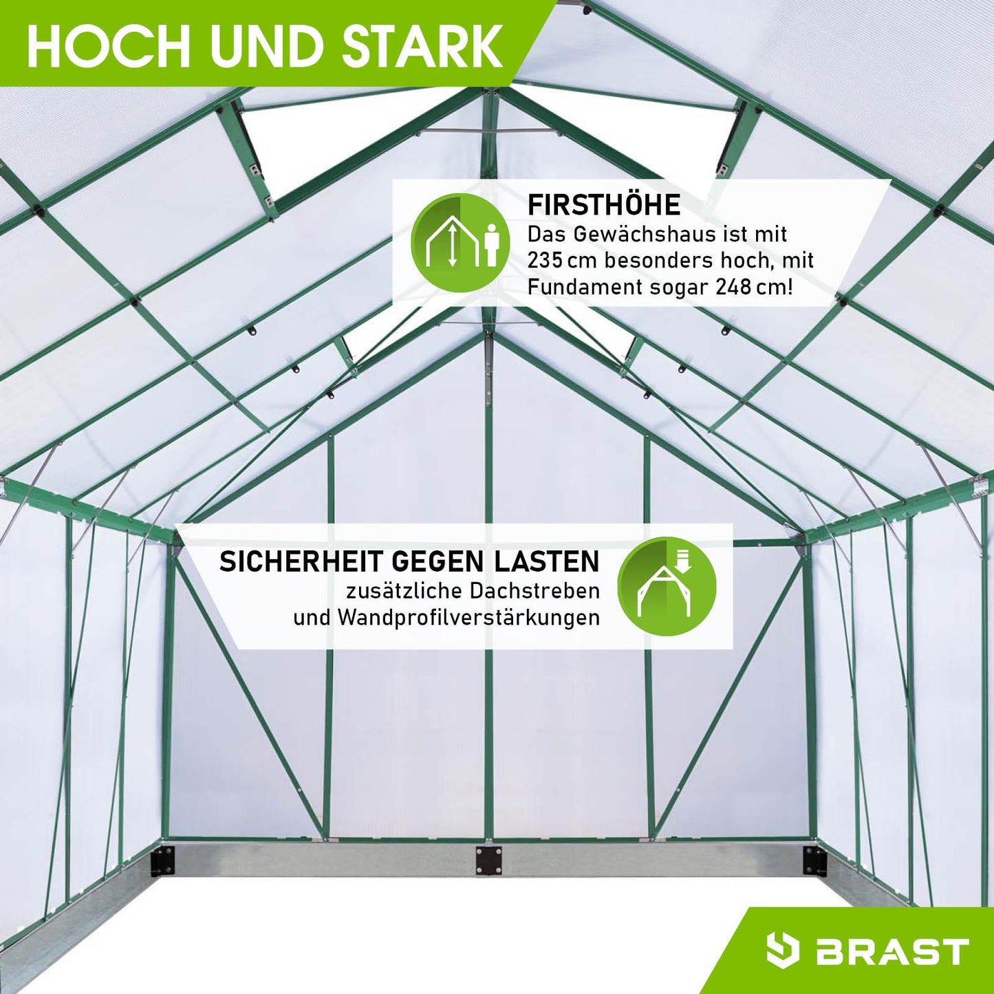 Begehbares Aluminium Gewächshaus 310x250x235 cm grün mit Fundament, windsicher und hoch robust für Garten.