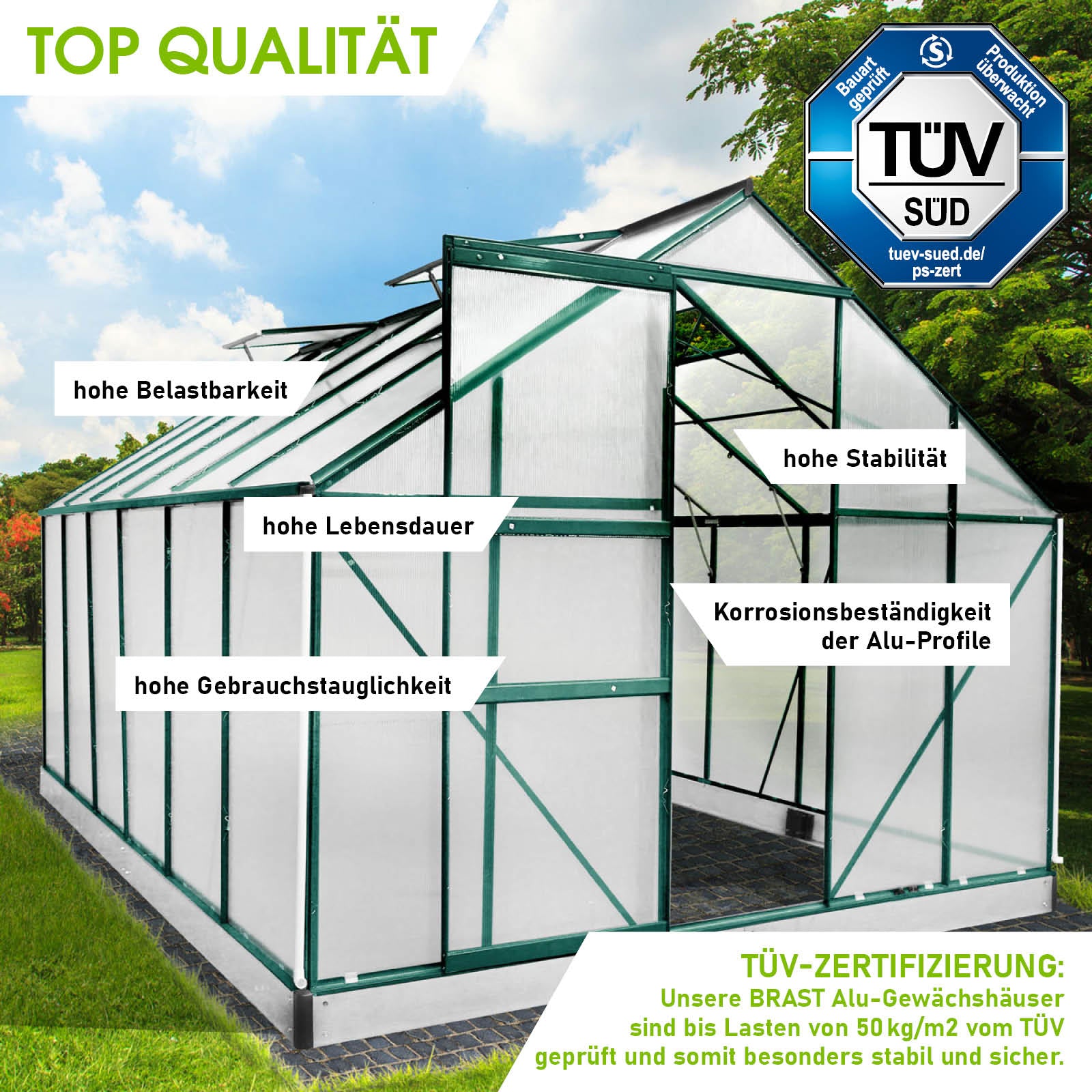 Aluminium Gewächshaus Treibhaus 380x250x205 cm grün mit Fundament, begehbar und windsicher für Garten.