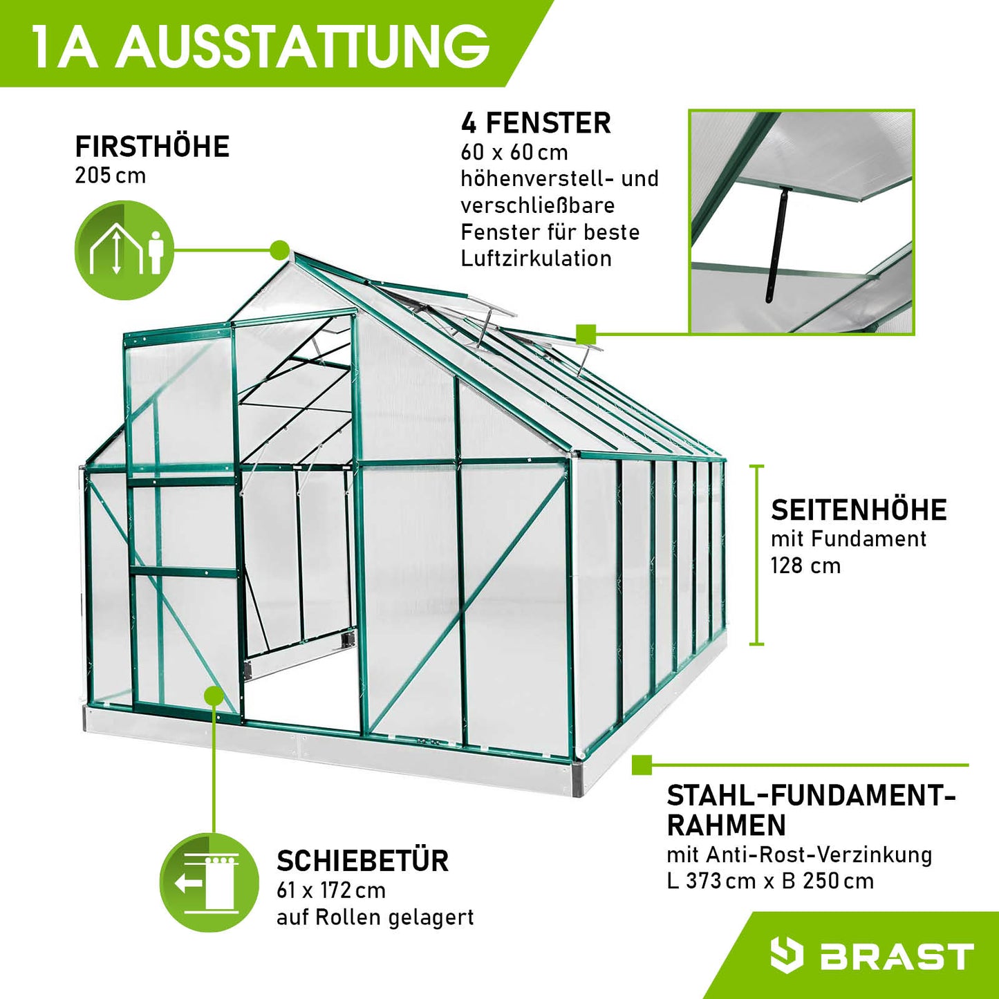 Grünes Aluminium Gewächshaus 380x250x205 cm mit Stahl-Fundamentrahmen, 4 Fenster, Schiebetür, begehbares und windsicheres.