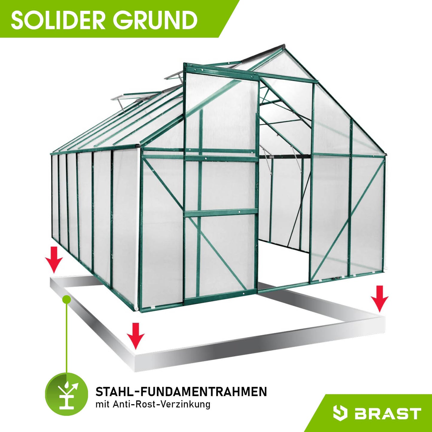 Aluminium Gewächshaus 380x250x205 cm grün mit Stahl-Fundamentrahmen, begehbares Gewächshaus für Garten, windsicheres.