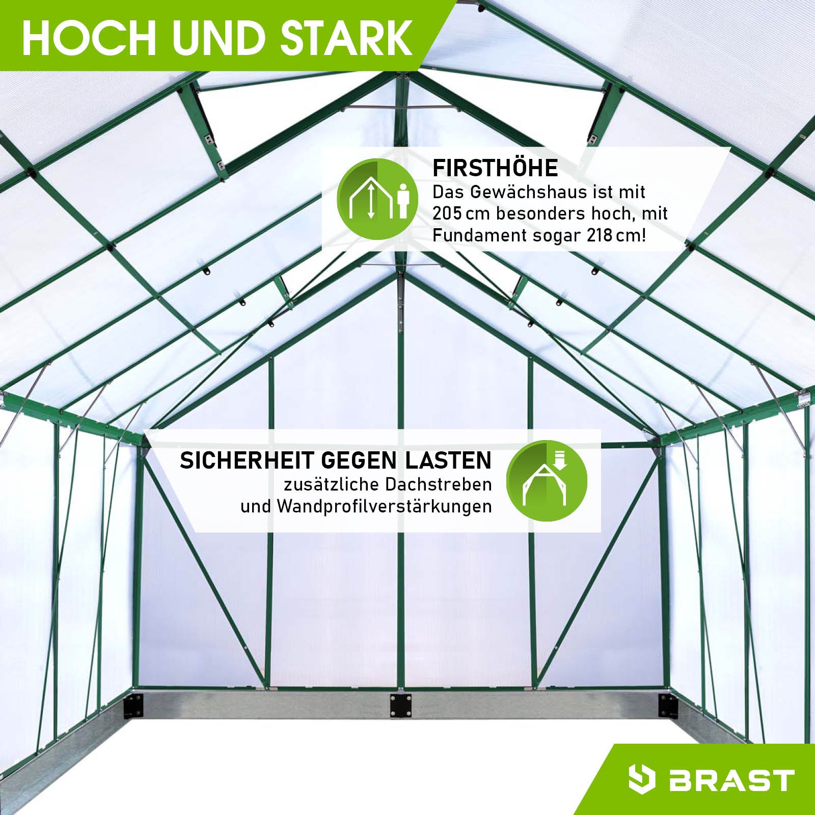 Begehbares Aluminium Gewächshaus mit Fundament, windsicher, 380x250x205 cm, grün, Gewächshaus für Garten.