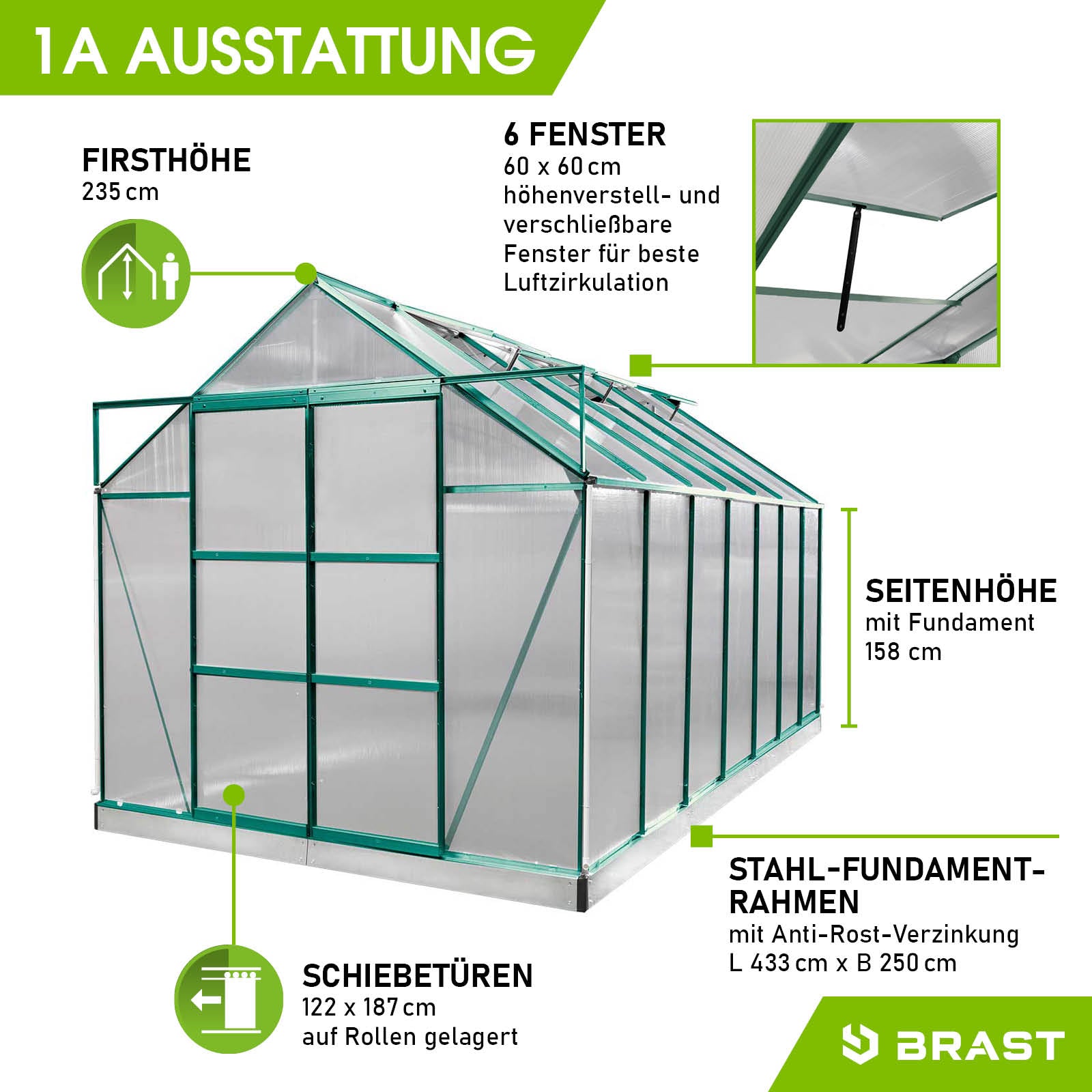 Aluminium Gewächshaus 430x250x235 cm grün mit Fundament, 6 Fenstern, Schiebetüren, begehbares und windsicheres Gewächshaus.