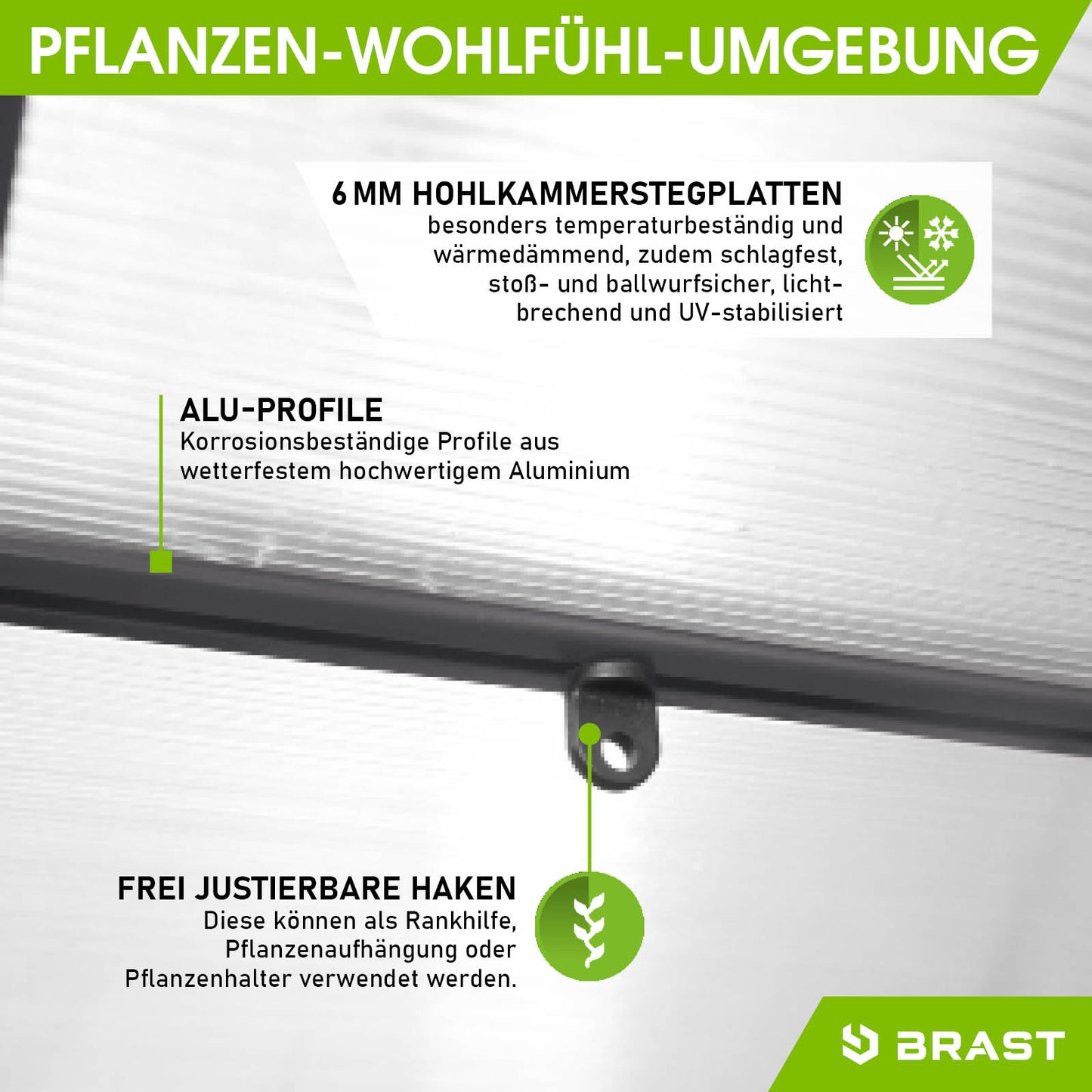 Anthrazitfarbenes Aluminium Gewächshaus mit Fundament, begehbar, windsicher und mit Hohlkammerstegplatten ausgestattet.