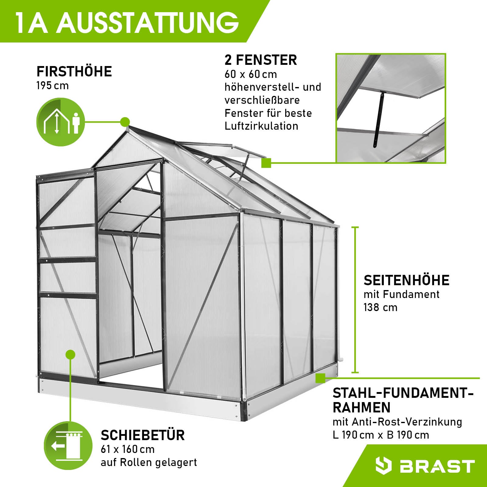 Anthrazitfarbenes Aluminium Gewächshaus 190x190x195 cm mit Stahl-Fundamentrahmen, zwei Fenstern und Schiebetür, begehbares.
