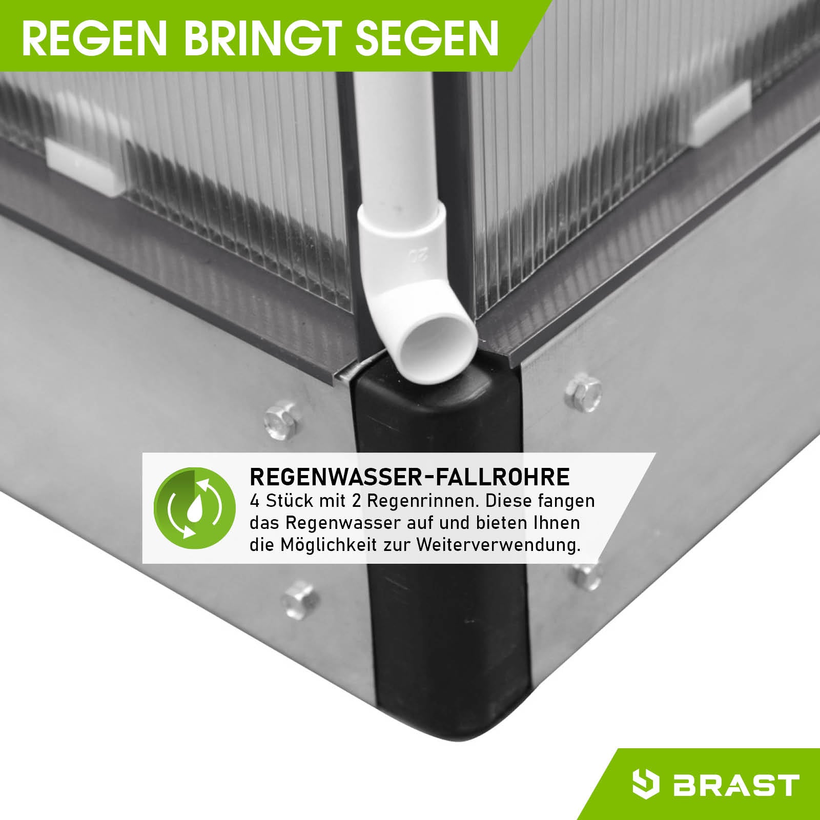Anthrazitfarbenes Aluminium Gewächshaus mit stabiler Fundamentbasis und Regenwasser-Fallrohr für Garten.