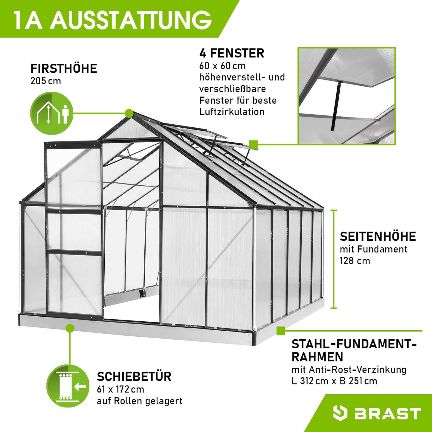 Anthrazitfarbenes Aluminium Gewächshaus 310x250x205 mit Fundament, vier Fenstern und Schiebetür, windsicheres begehbares.