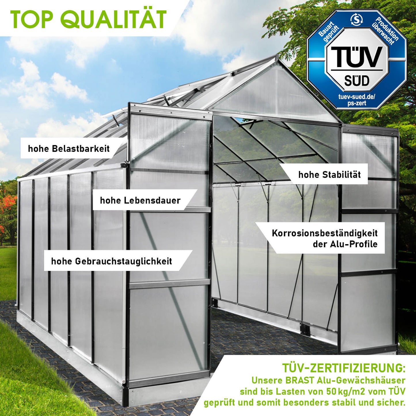 Anthrazitfarbenes Aluminium Gewächshaus 310x250x235 mit Fundament, begehbar, windsicher, korrosionsbeständige Profile.